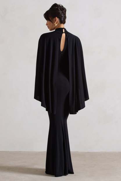 Audrina Black Ruched Halter-Neck Split Maxi Dress With Cape-Fashionmomo.All Rights Reserved