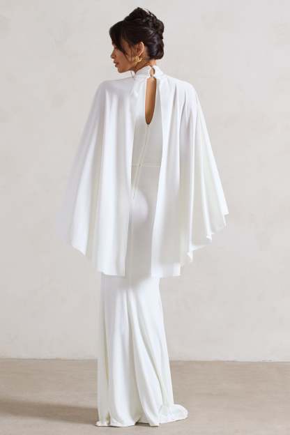 Audrina White Ruched Halter-Neck Split Maxi Dress With Cape-Fashionmomo.All Rights Reserved