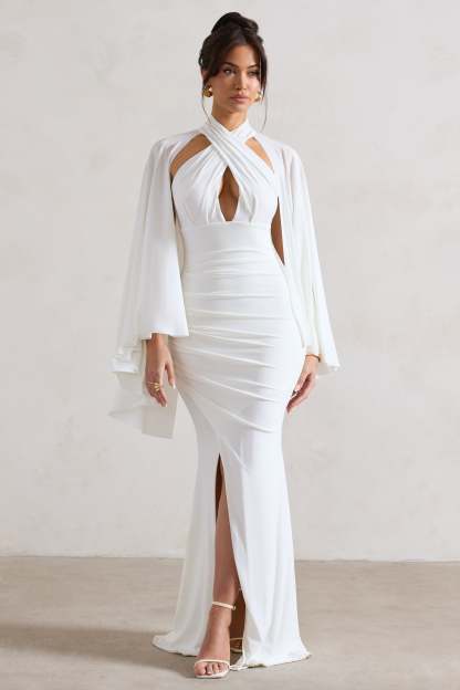 Audrina White Ruched Halter-Neck Split Maxi Dress With Cape-Fashionmomo.All Rights Reserved