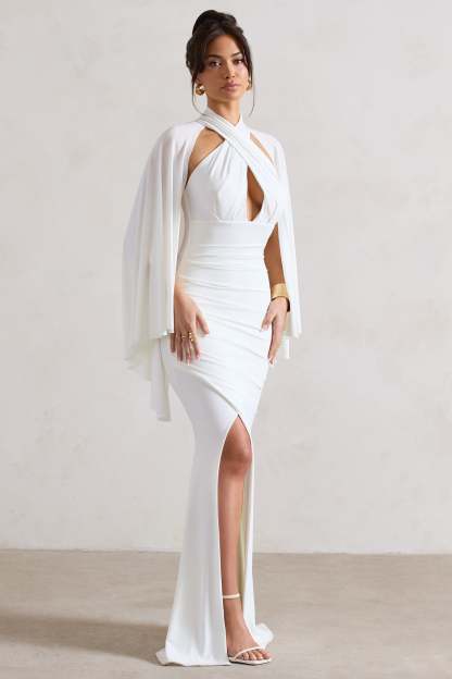 Audrina White Ruched Halter-Neck Split Maxi Dress With Cape-Fashionmomo.All Rights Reserved