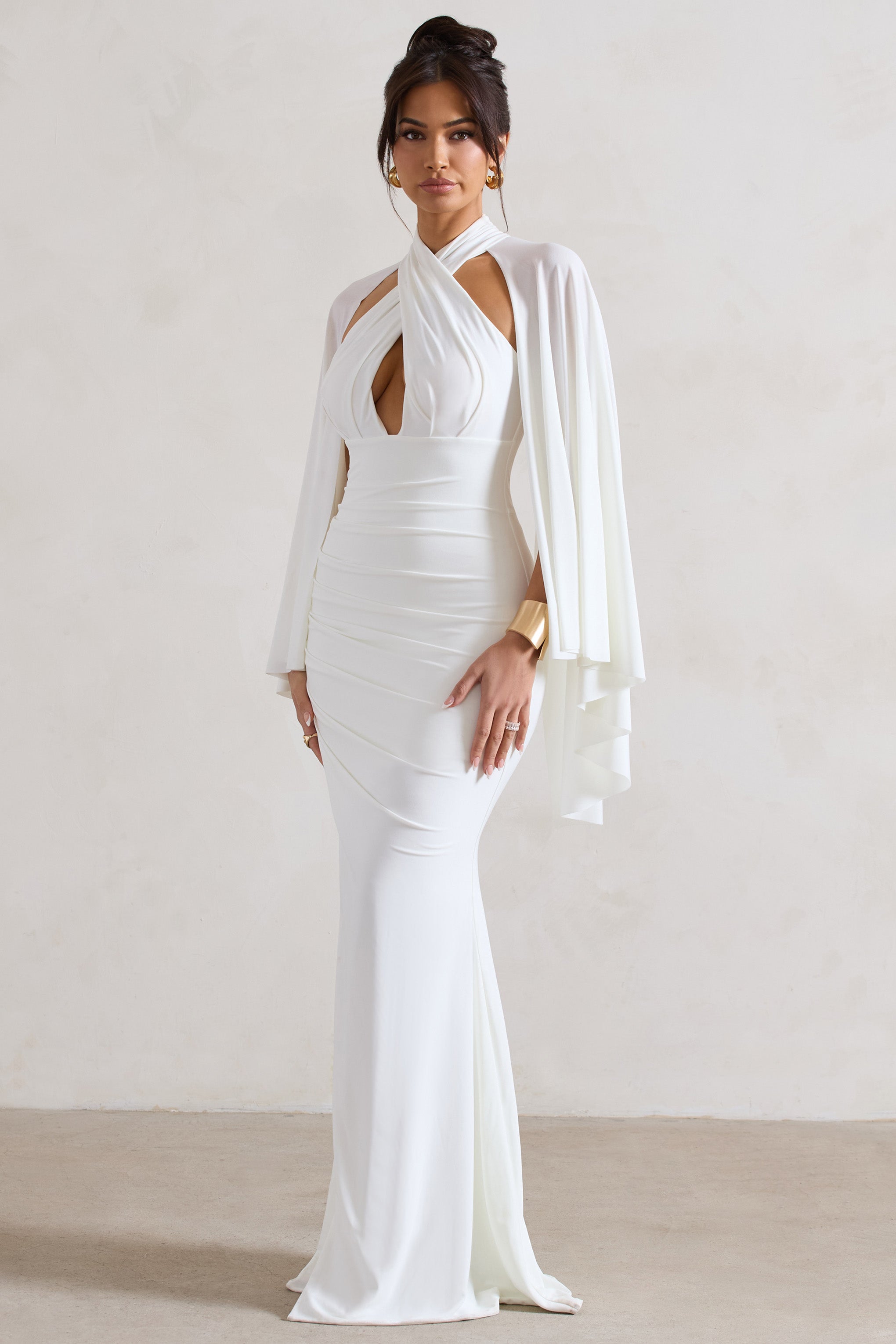 Audrina White Ruched Halter-Neck Split Maxi Dress With Cape-Fashionmomo.All Rights Reserved
