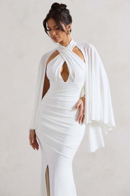 Audrina White Ruched Halter-Neck Split Maxi Dress With Cape-Fashionmomo.All Rights Reserved