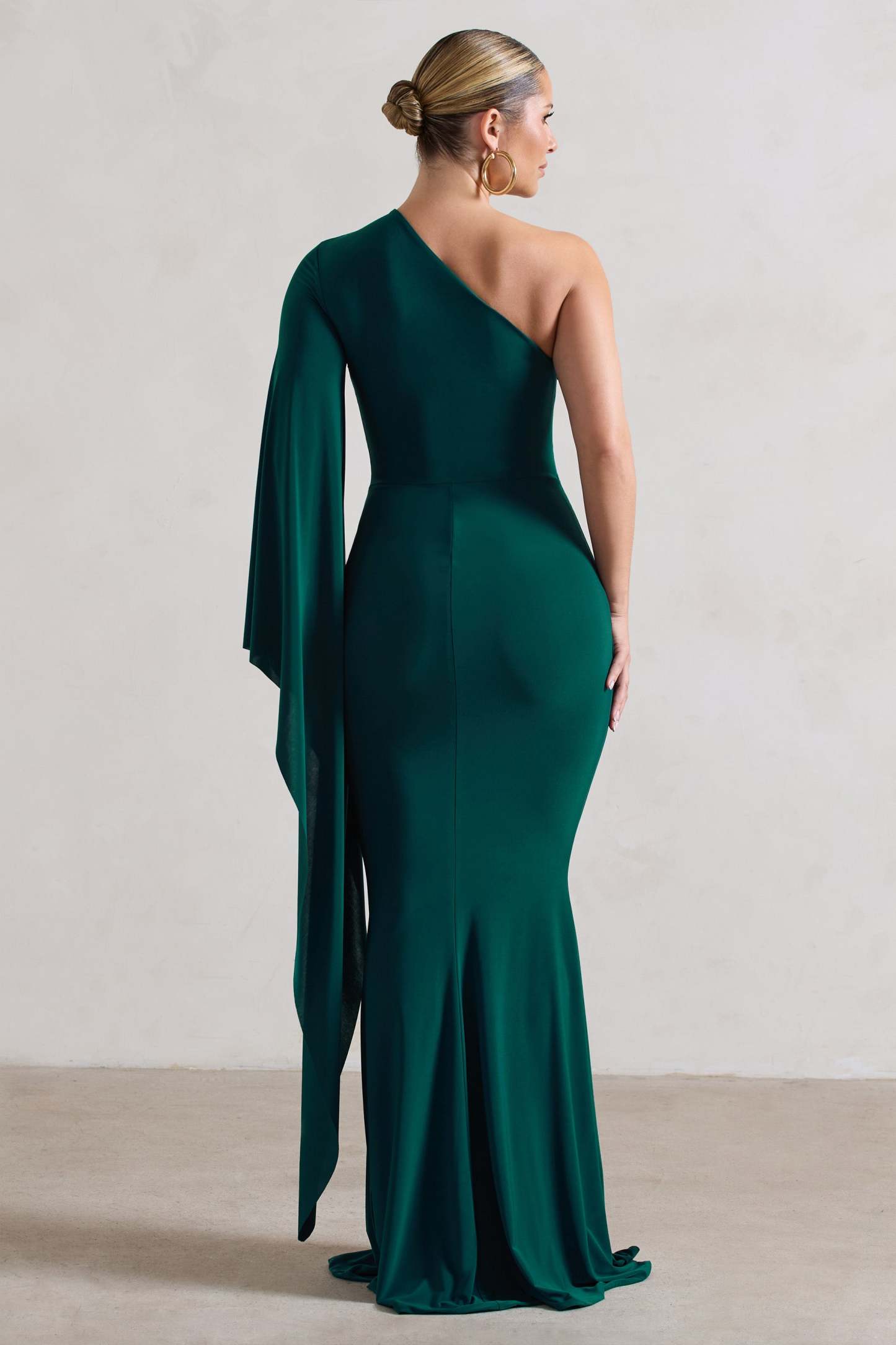 Giada Bottle Green Ruched Asymmetric Maxi Dress With Cape Sleeve-Fashionmomo.All Rights Reserved