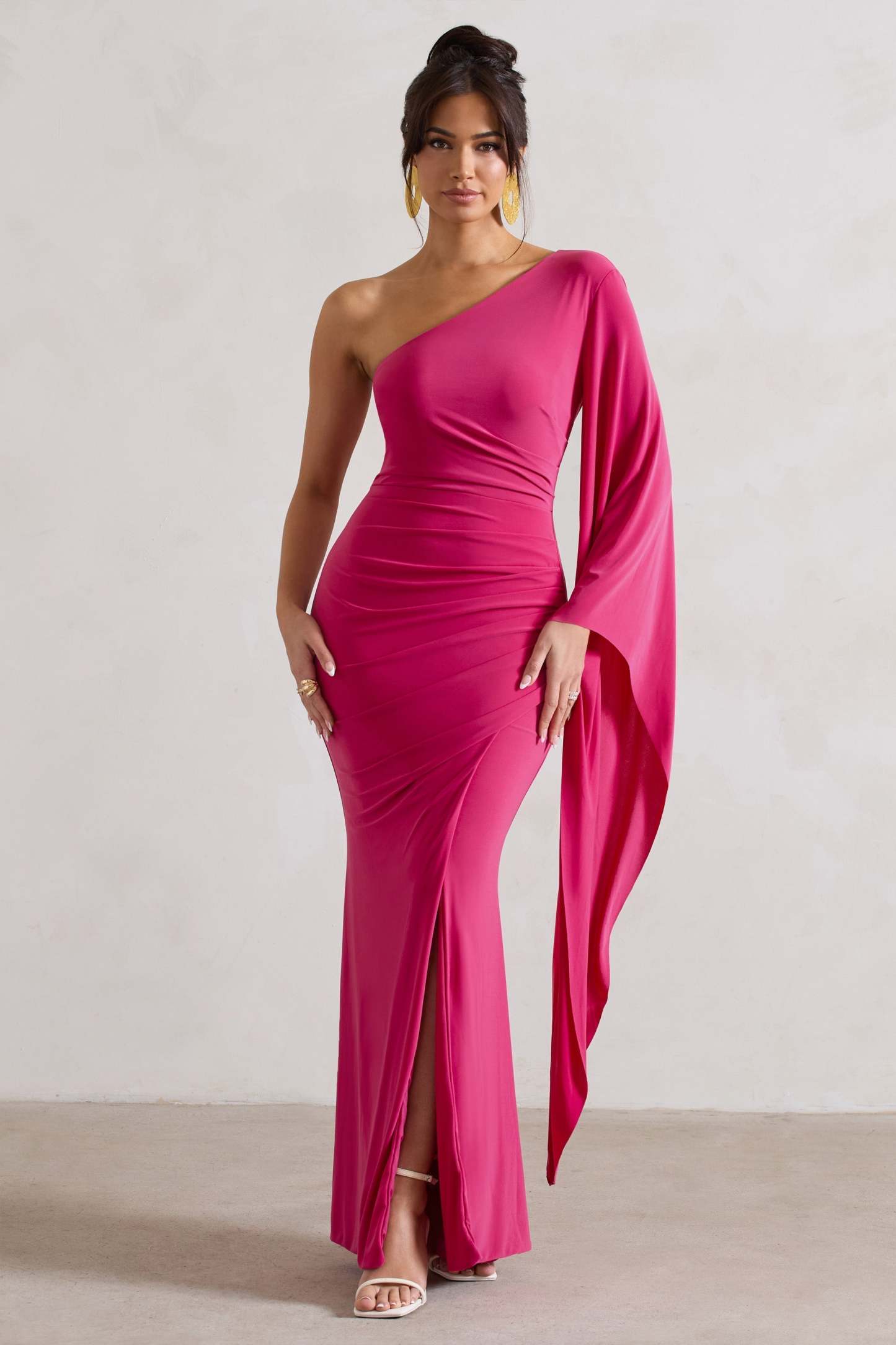 Giada Dark Pink Ruched Asymmetric Maxi Dress With Cape Sleeve-Fashionmomo.All Rights Reserved