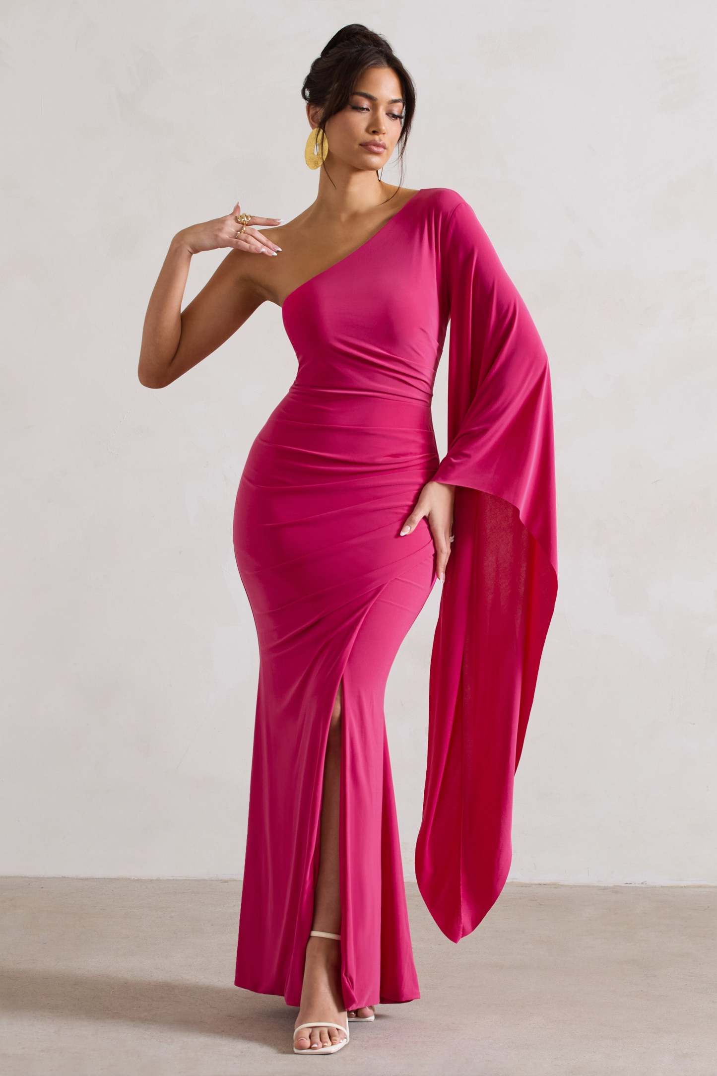 Giada Dark Pink Ruched Asymmetric Maxi Dress With Cape Sleeve-Fashionmomo.All Rights Reserved