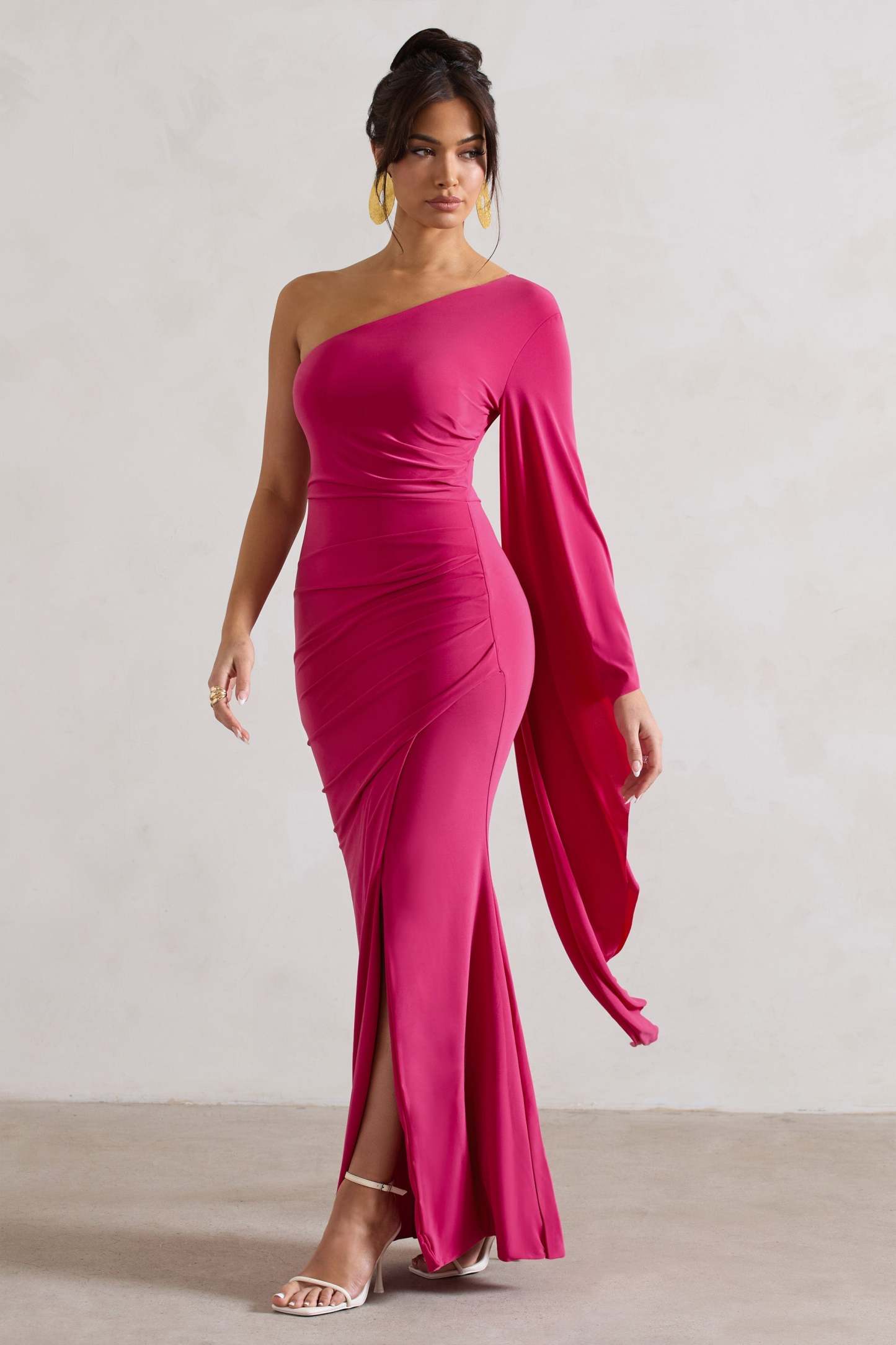 Giada Dark Pink Ruched Asymmetric Maxi Dress With Cape Sleeve-Fashionmomo.All Rights Reserved
