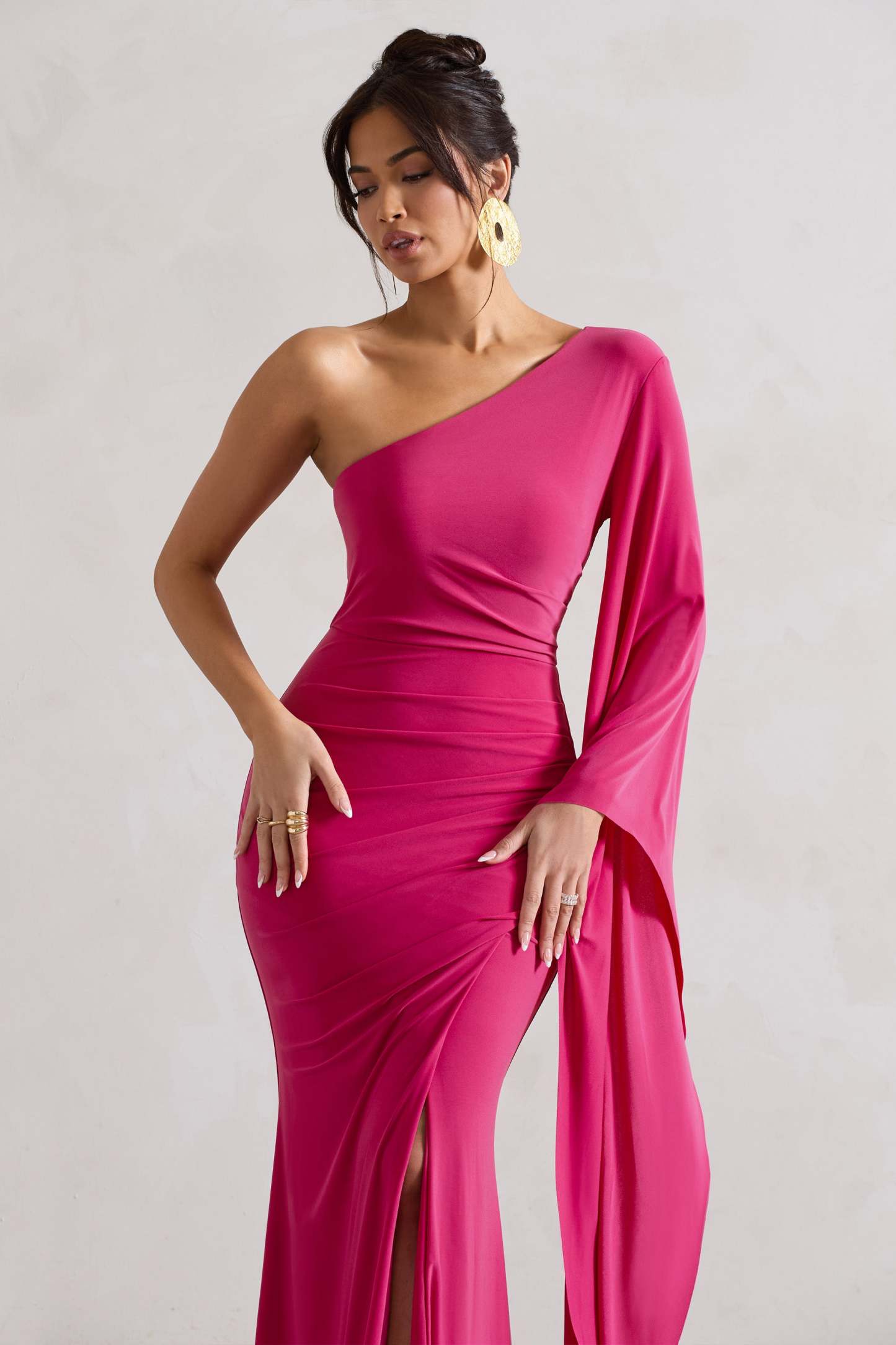 Giada Dark Pink Ruched Asymmetric Maxi Dress With Cape Sleeve-Fashionmomo.All Rights Reserved