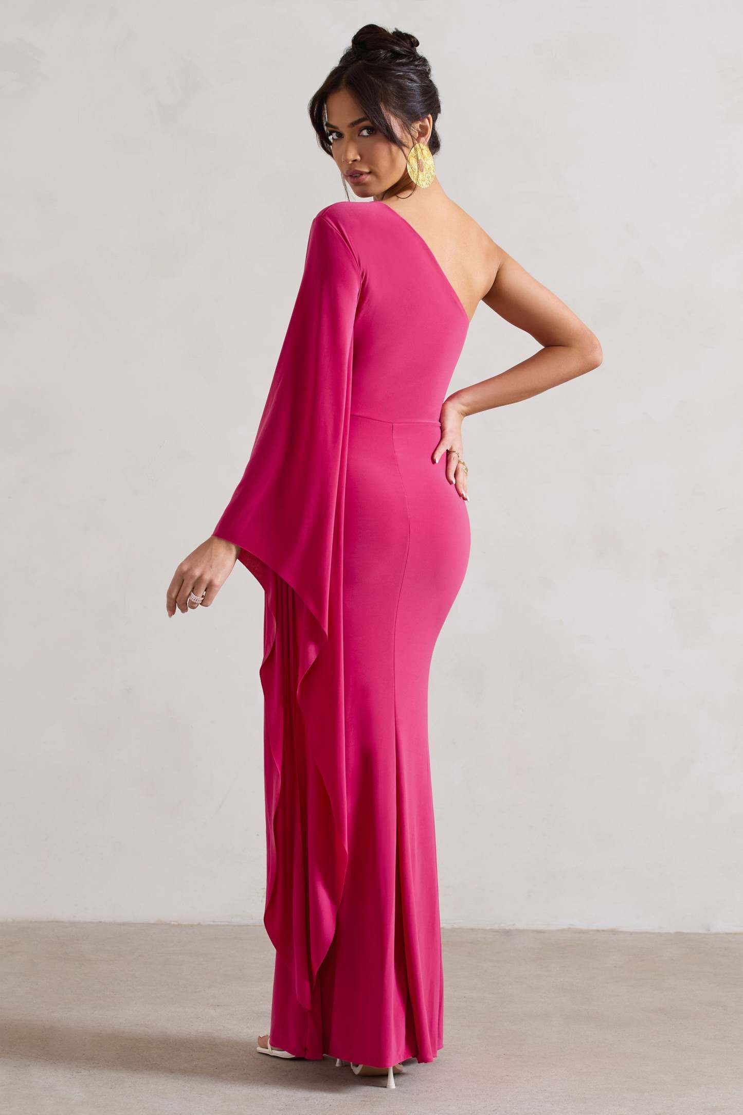 Giada Dark Pink Ruched Asymmetric Maxi Dress With Cape Sleeve-Fashionmomo.All Rights Reserved