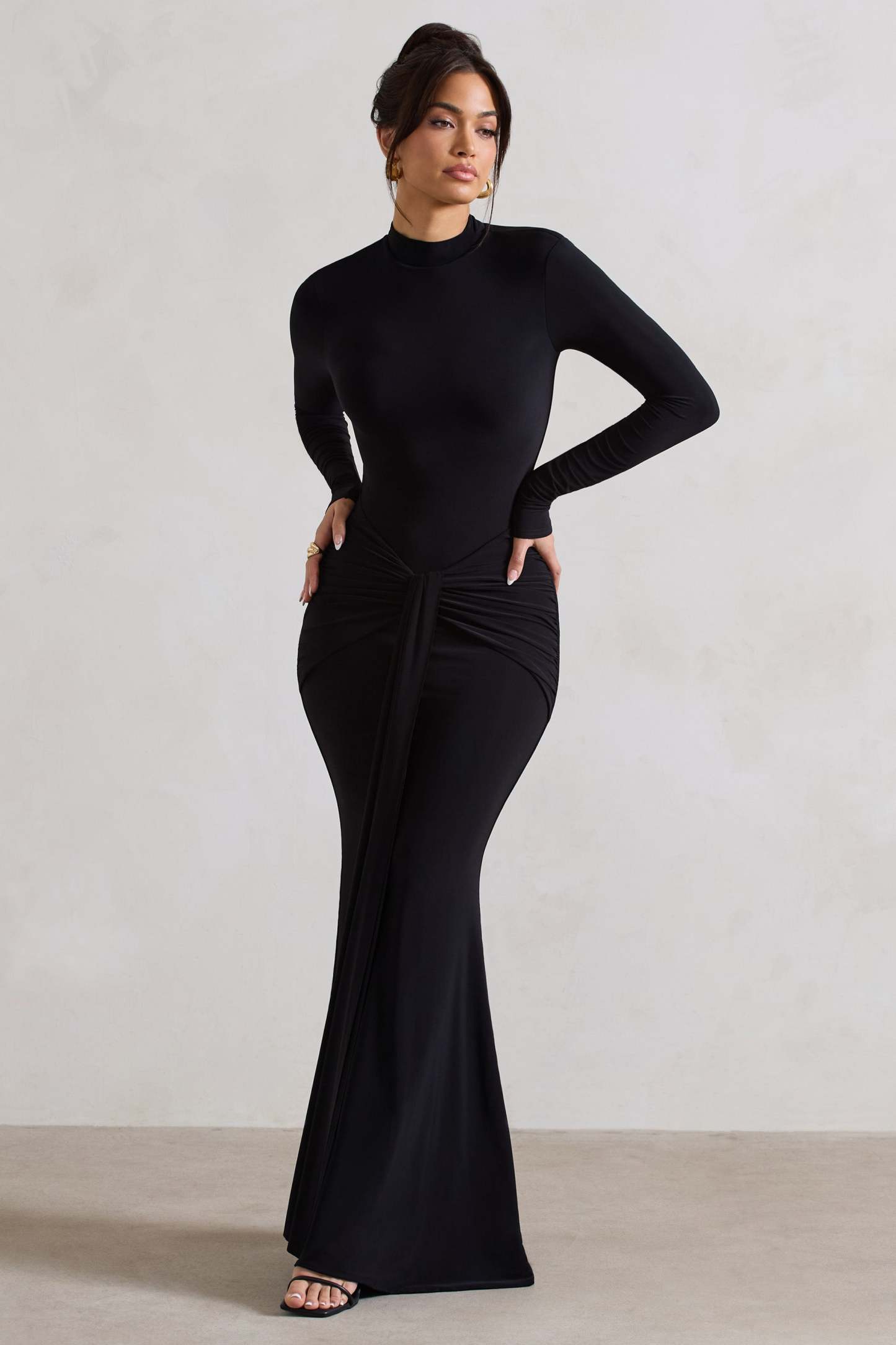 Pietra Black High-Neck Long Sleeve Knot Maxi Dress-Fashionmomo.All Rights Reserved