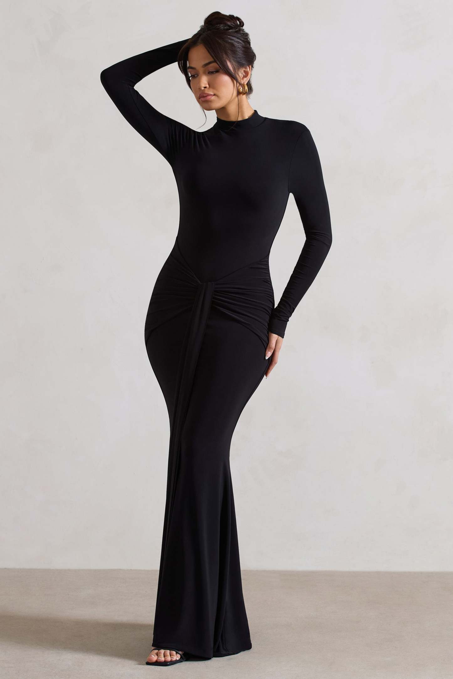 Pietra Black High-Neck Long Sleeve Knot Maxi Dress-Fashionmomo.All Rights Reserved