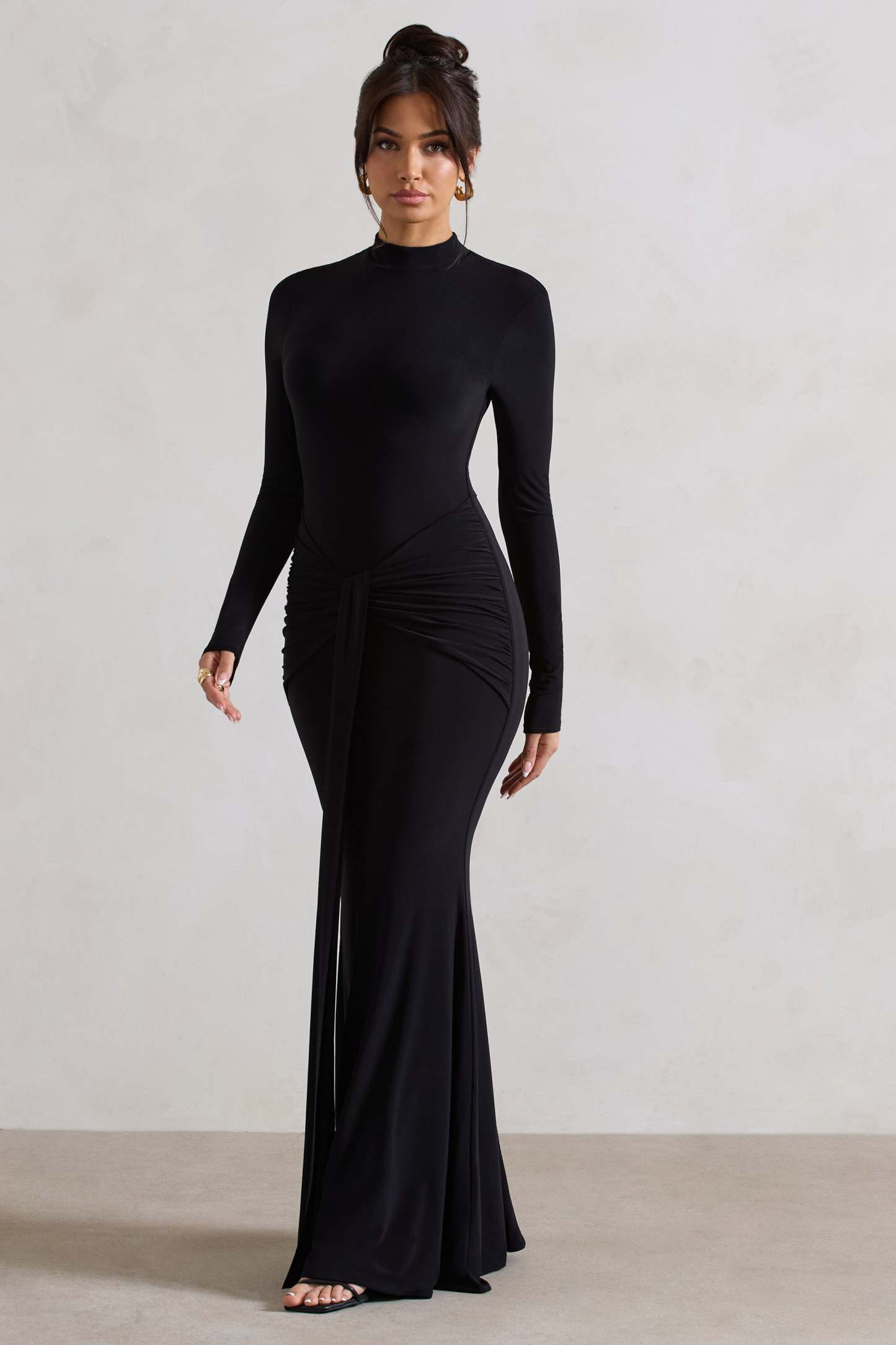 Pietra Black High-Neck Long Sleeve Knot Maxi Dress-Fashionmomo.All Rights Reserved