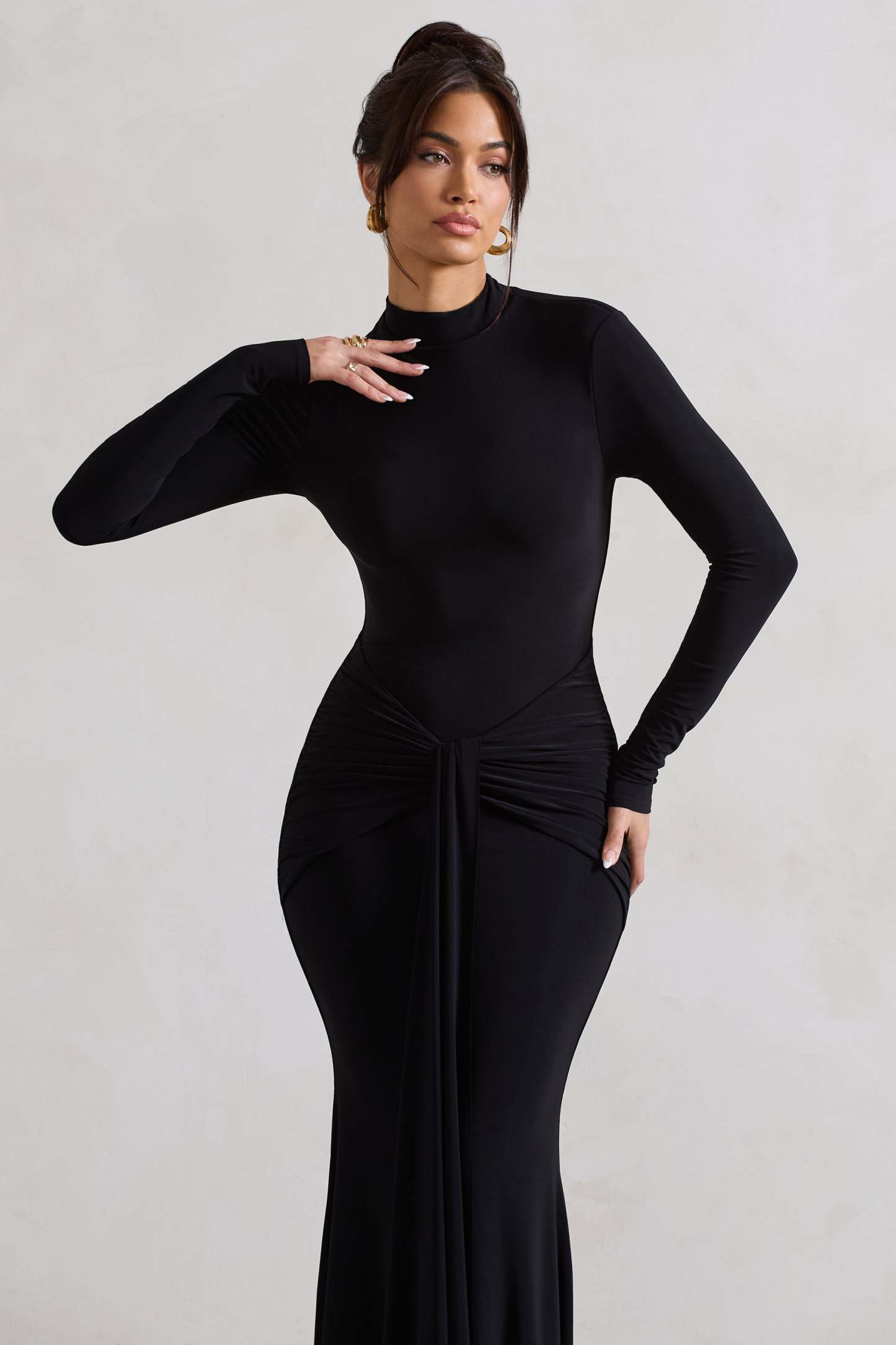 Pietra Black High-Neck Long Sleeve Knot Maxi Dress-Fashionmomo.All Rights Reserved
