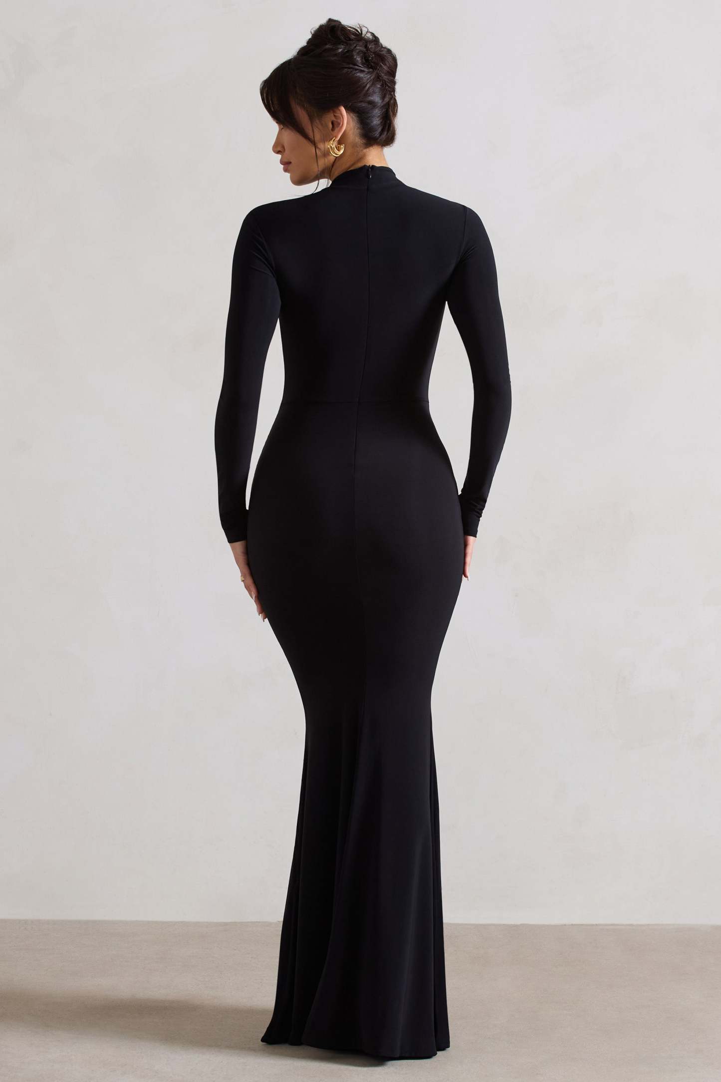 Pietra Black High-Neck Long Sleeve Knot Maxi Dress-Fashionmomo.All Rights Reserved