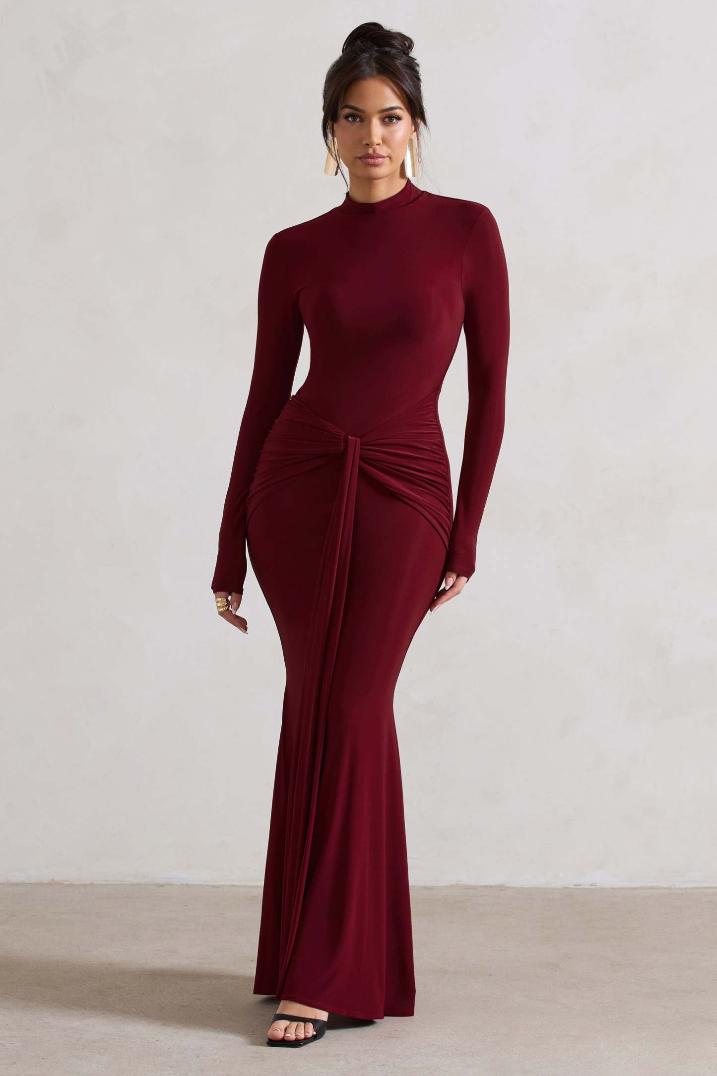 Pietra Berry High-Neck Long Sleeve Knot Maxi Dress-Fashionmomo.All Rights Reserved