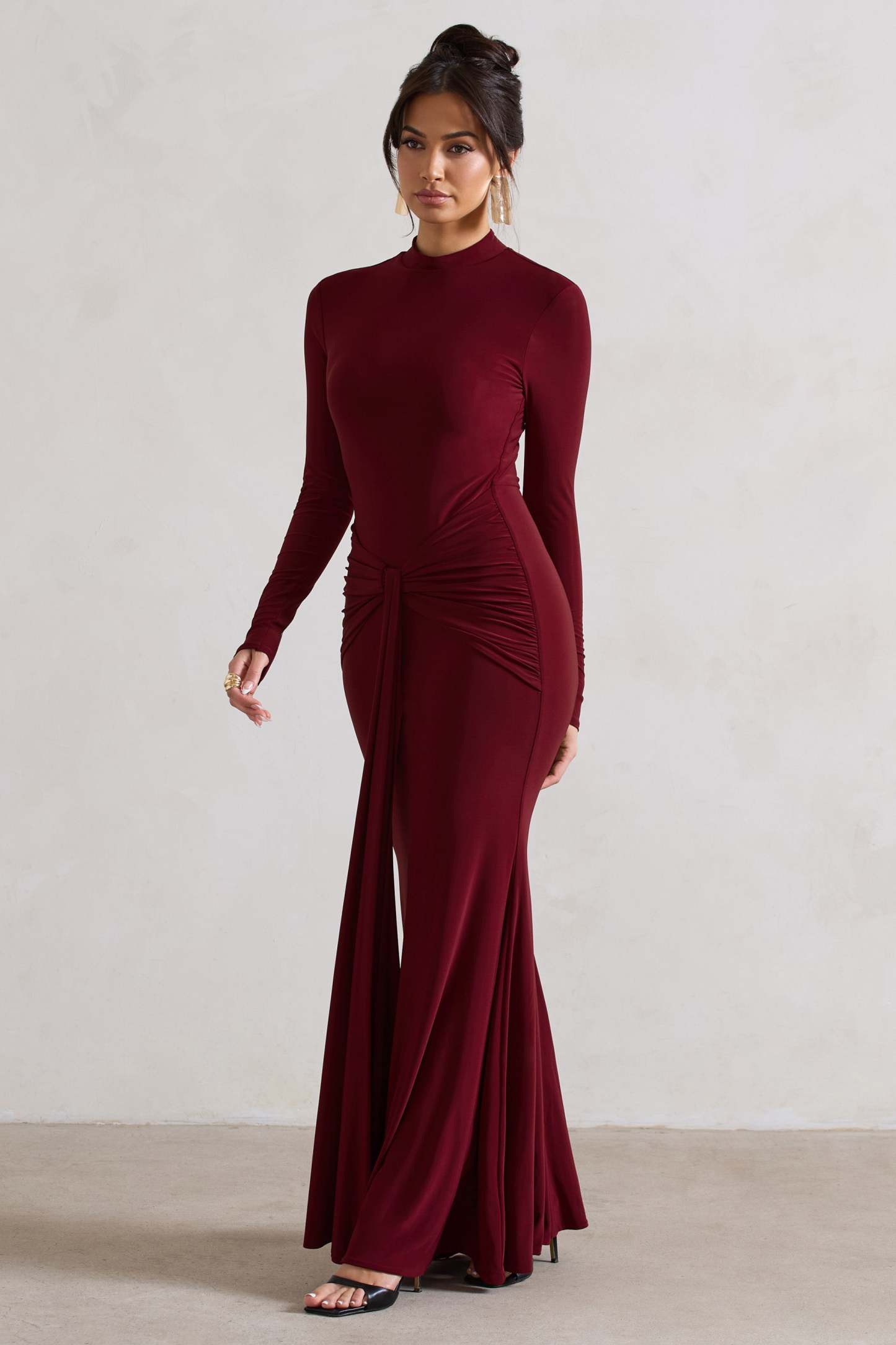 Pietra Berry High-Neck Long Sleeve Knot Maxi Dress-Fashionmomo.All Rights Reserved