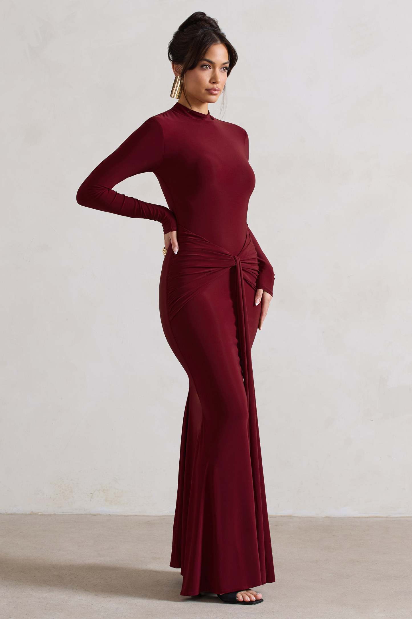 Pietra Berry High-Neck Long Sleeve Knot Maxi Dress-Fashionmomo.All Rights Reserved