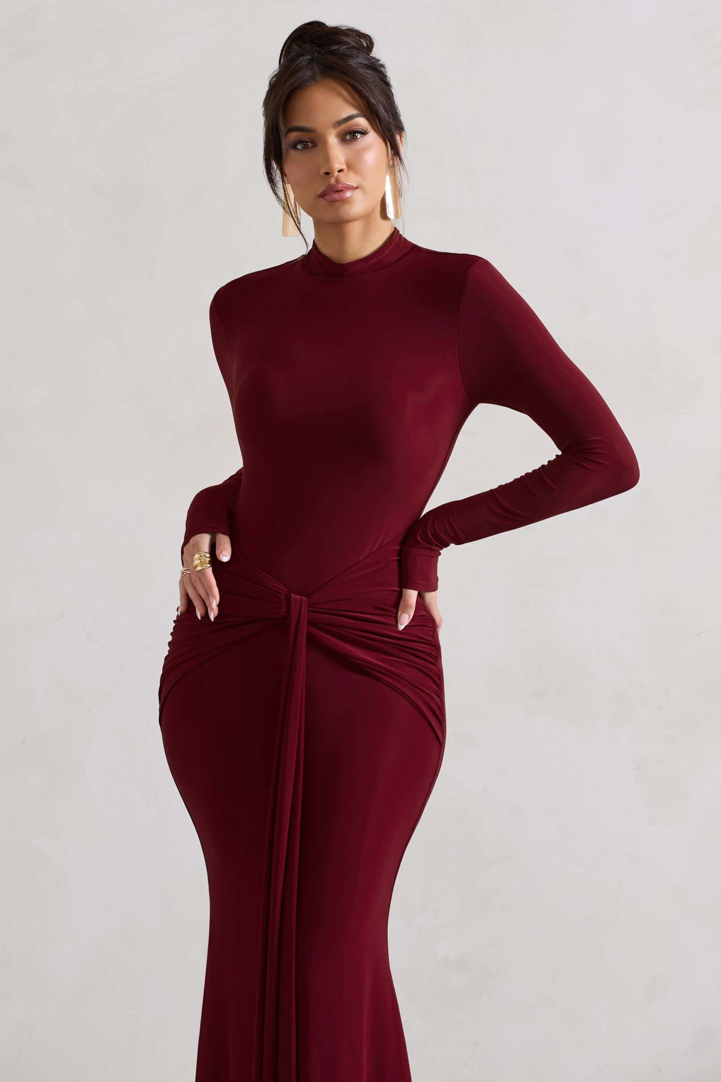 Pietra Berry High-Neck Long Sleeve Knot Maxi Dress-Fashionmomo.All Rights Reserved