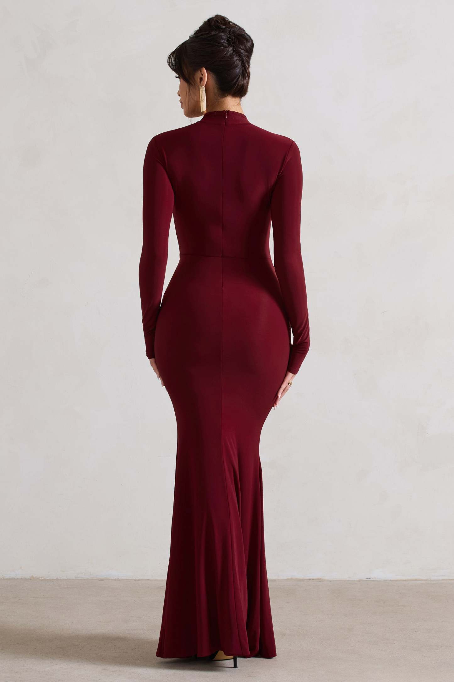 Pietra Berry High-Neck Long Sleeve Knot Maxi Dress-Fashionmomo.All Rights Reserved