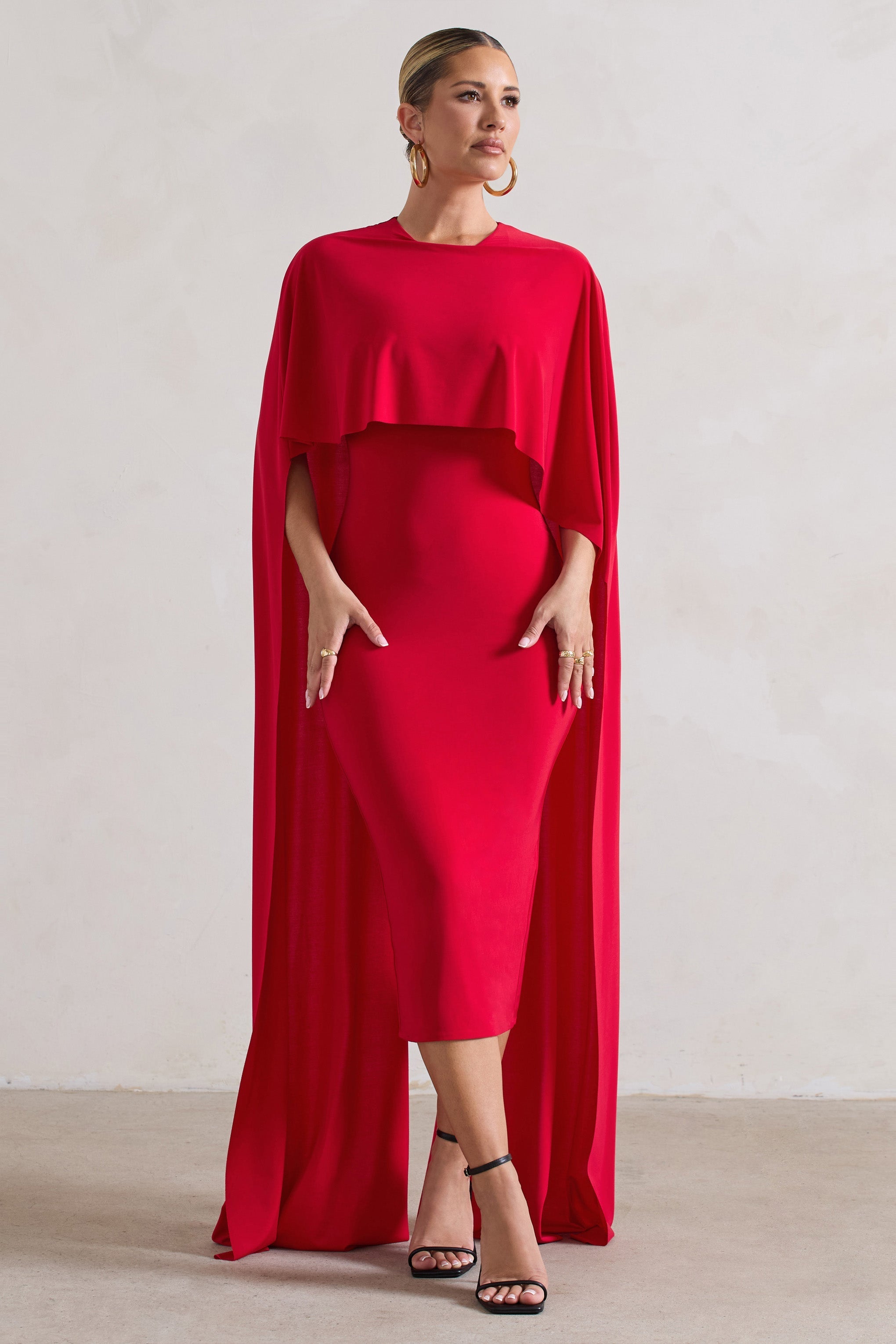 Camellia Red Midi Dress With High-Low Cape-Fashionmomo.All Rights Reserved