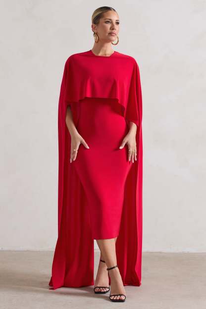 Camellia Red Midi Dress With High-Low Cape-Fashionmomo.All Rights Reserved