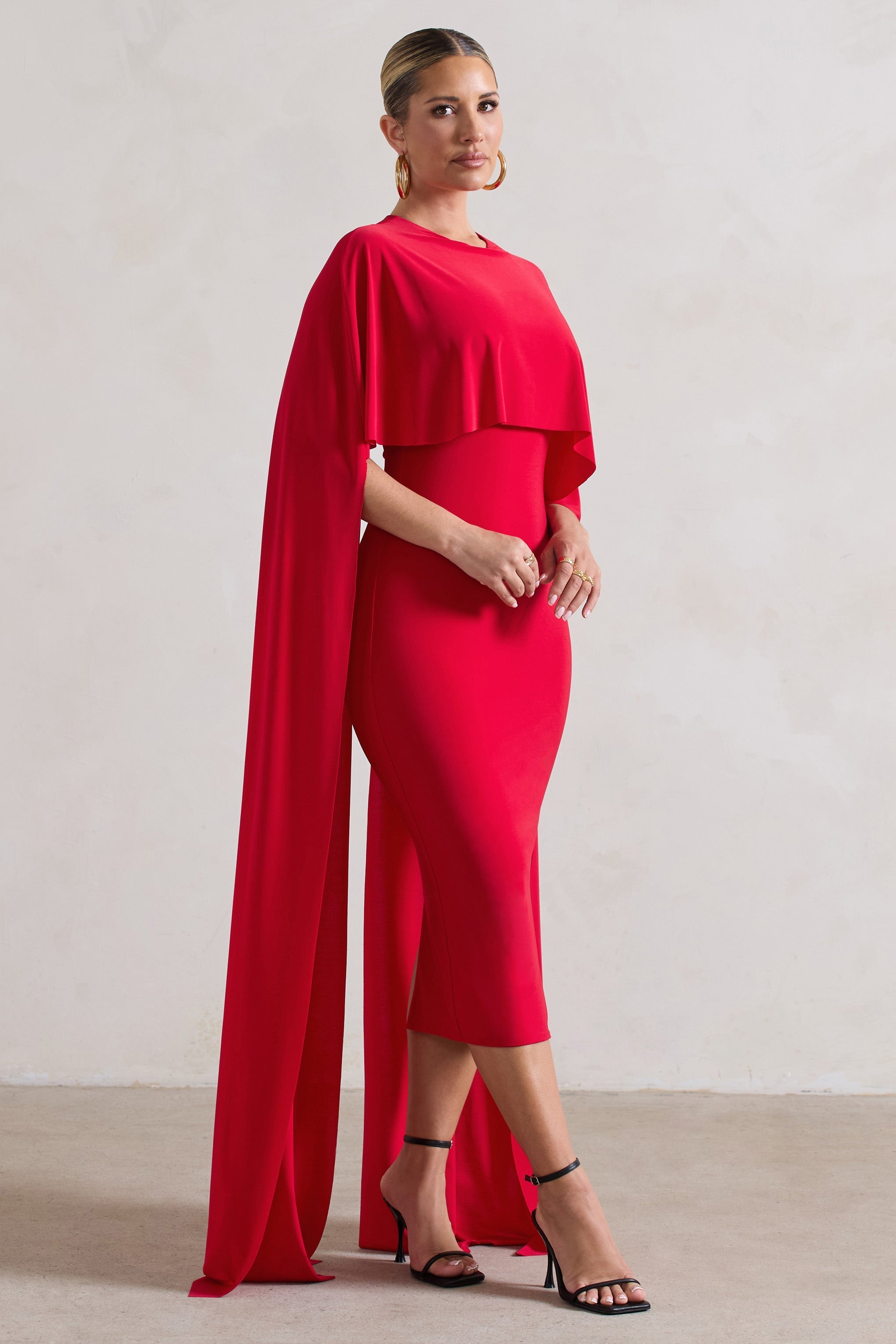 Camellia Red Midi Dress With High-Low Cape-Fashionmomo.All Rights Reserved