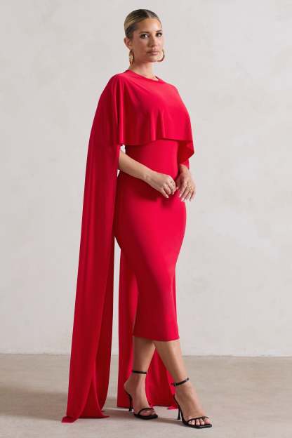 Camellia Red Midi Dress With High-Low Cape-Fashionmomo.All Rights Reserved