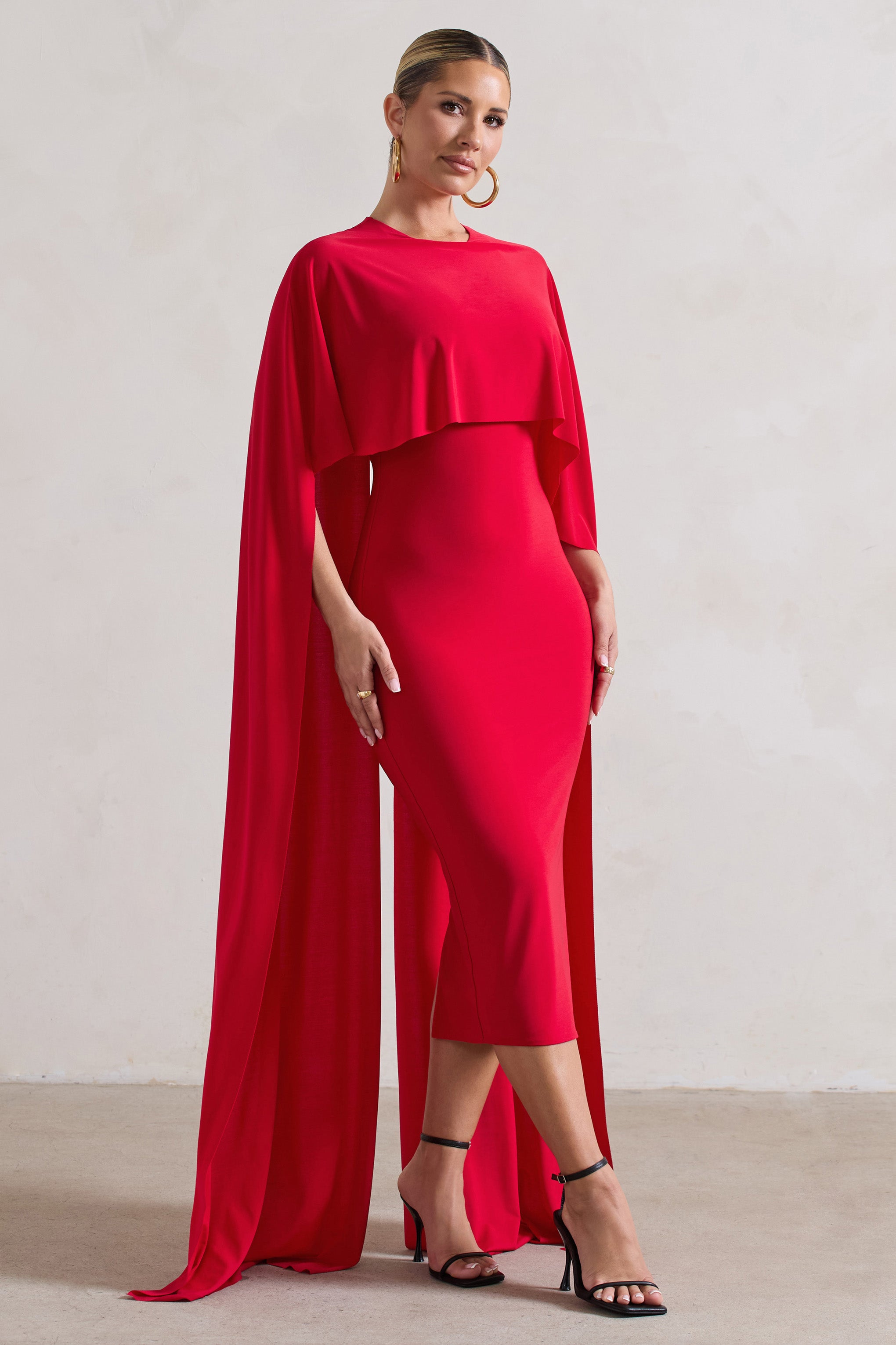Camellia Red Midi Dress With High-Low Cape-Fashionmomo.All Rights Reserved