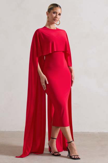 Camellia Red Midi Dress With High-Low Cape-Fashionmomo.All Rights Reserved