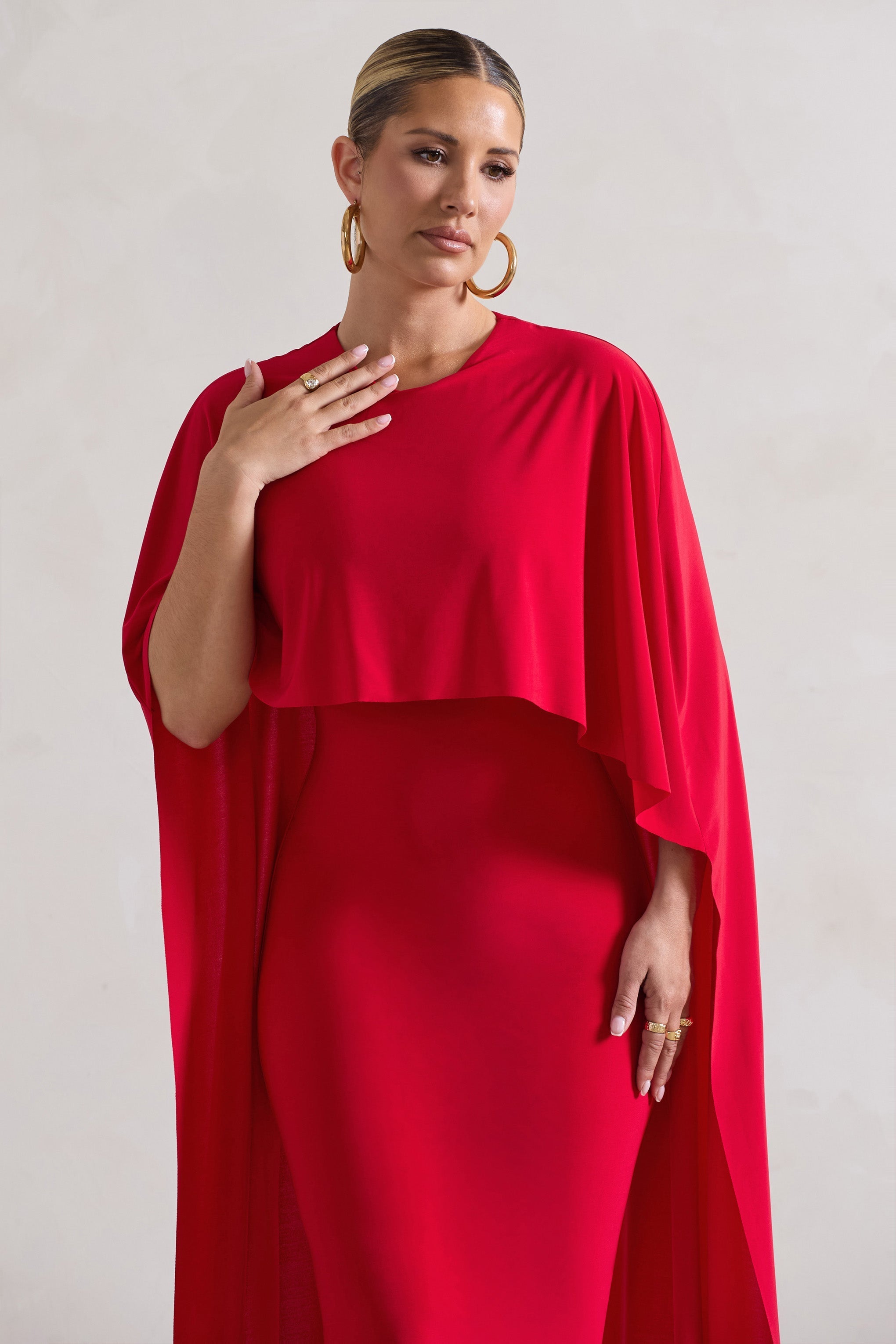 Camellia Red Midi Dress With High-Low Cape-Fashionmomo.All Rights Reserved