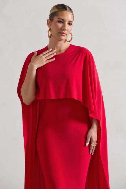 Camellia Red Midi Dress With High-Low Cape-Fashionmomo.All Rights Reserved