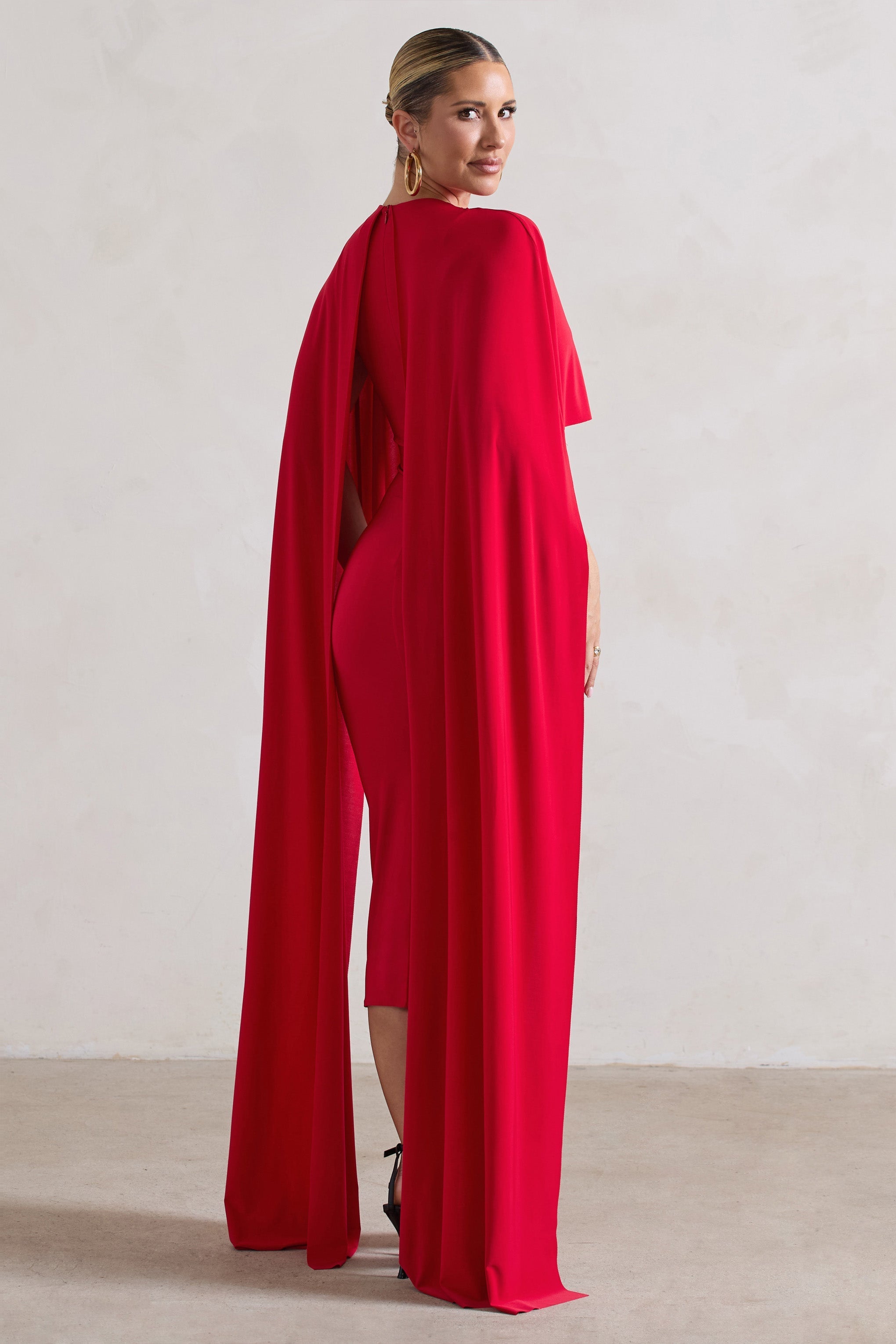 Camellia Red Midi Dress With High-Low Cape-Fashionmomo.All Rights Reserved