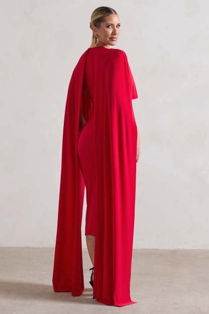 Camellia Red Midi Dress With High-Low Cape-Fashionmomo.All Rights Reserved