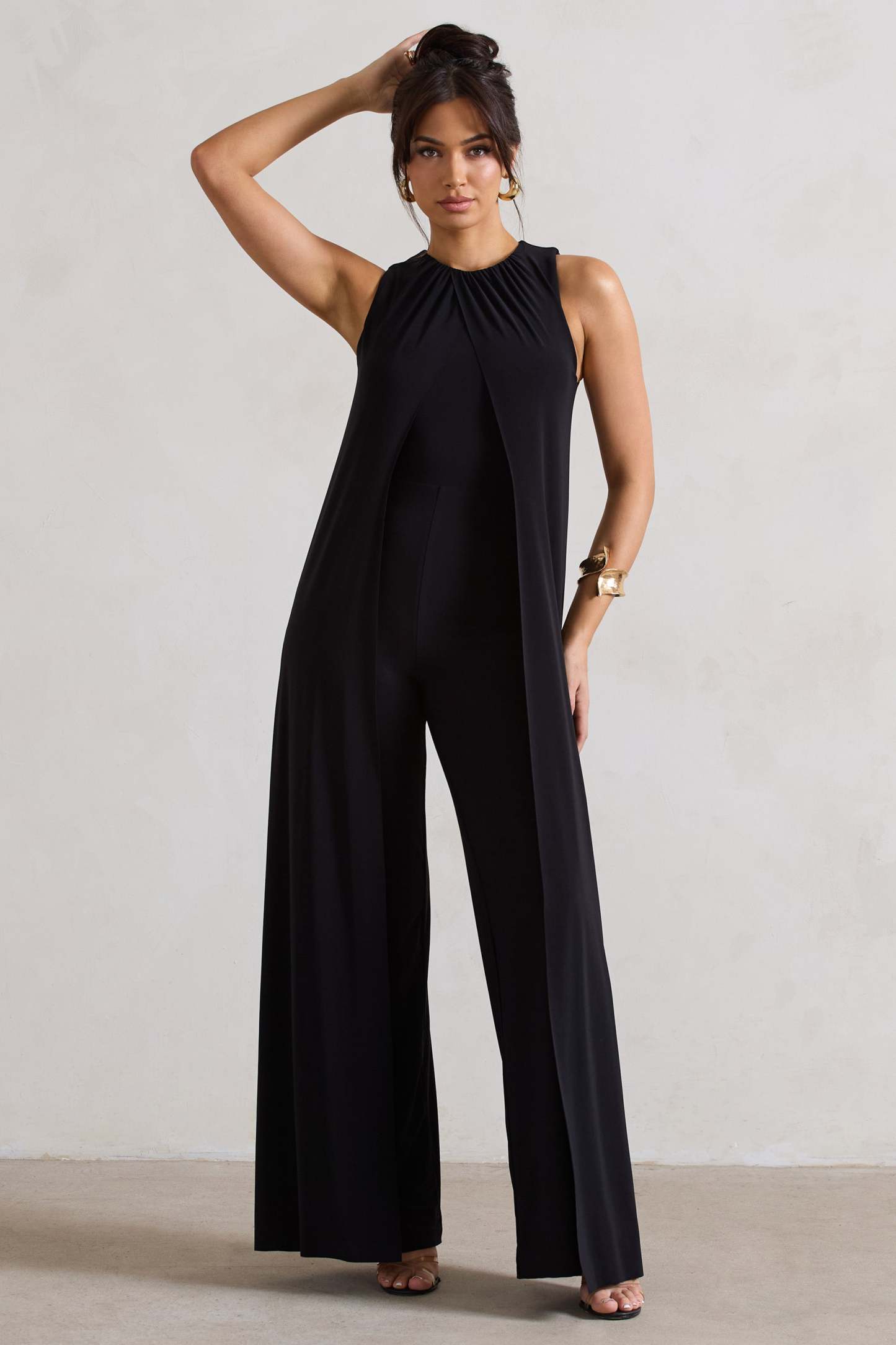 Essence Black High-Neck Wide-Leg Jumpsuit With Cape-Fashionmomo.All Rights Reserved