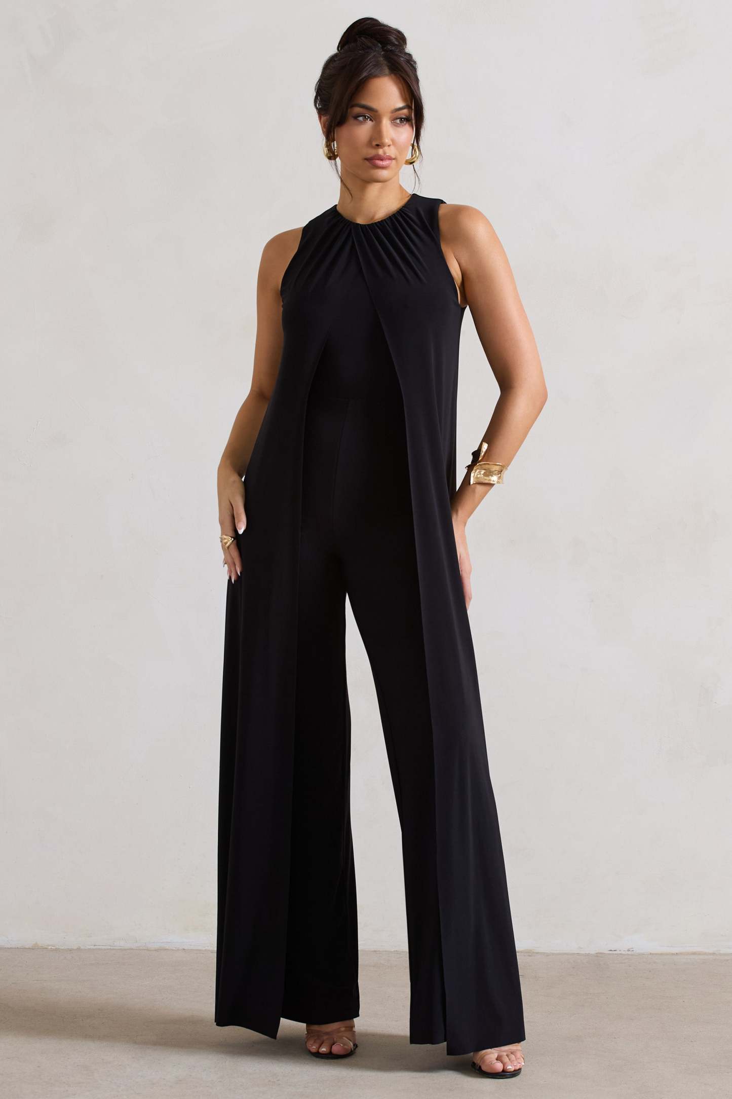 Essence Black High-Neck Wide-Leg Jumpsuit With Cape-Fashionmomo.All Rights Reserved
