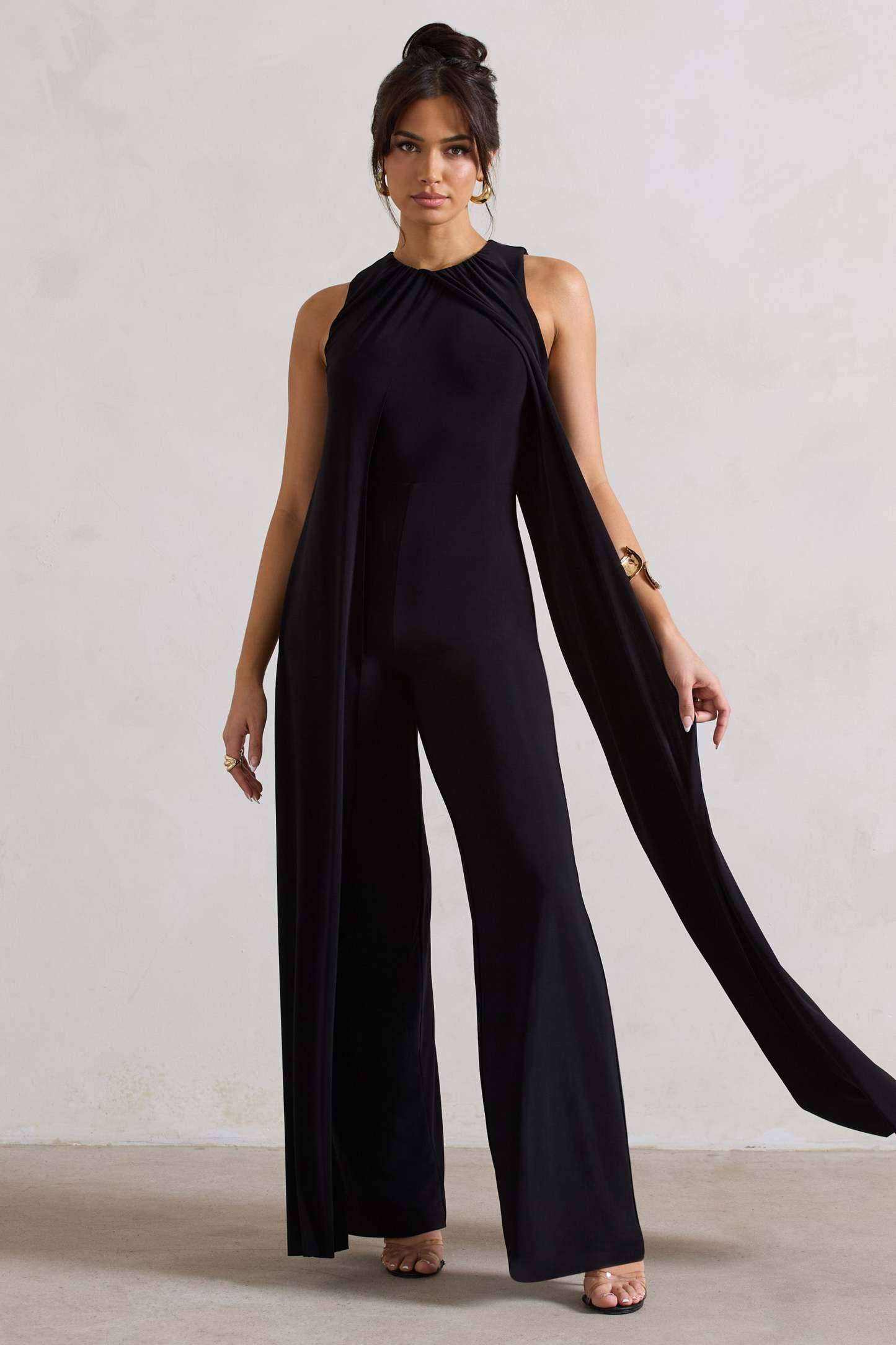 Essence Black High-Neck Wide-Leg Jumpsuit With Cape-Fashionmomo.All Rights Reserved