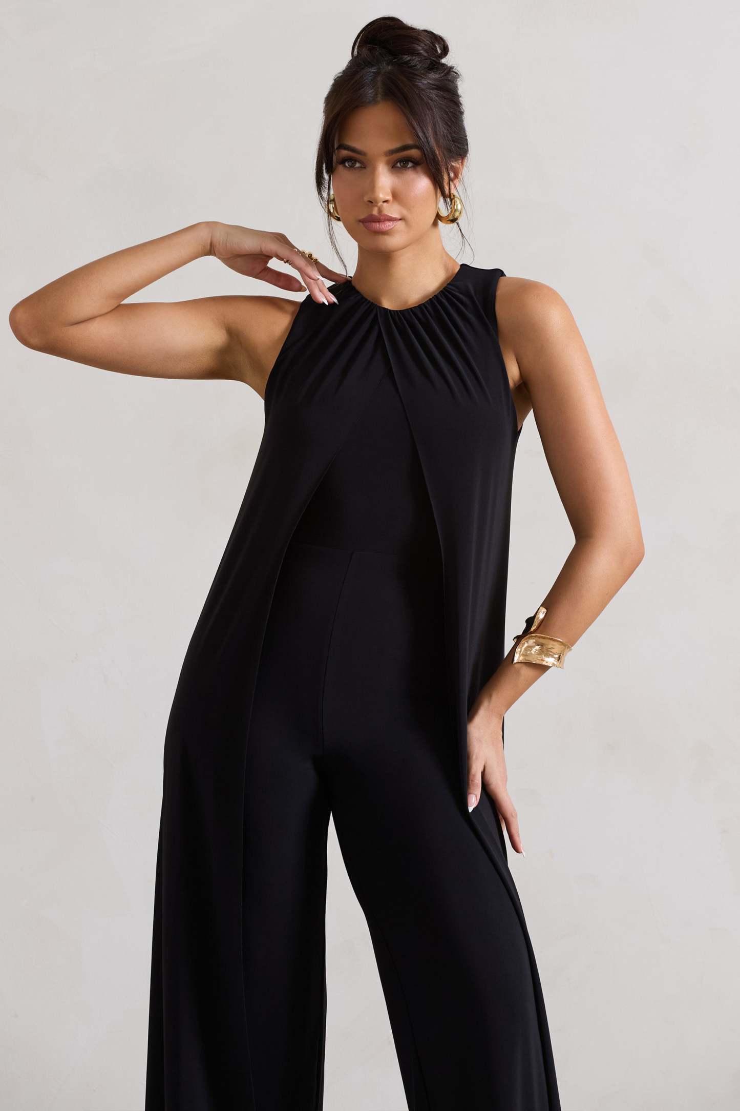 Essence Black High-Neck Wide-Leg Jumpsuit With Cape-Fashionmomo.All Rights Reserved