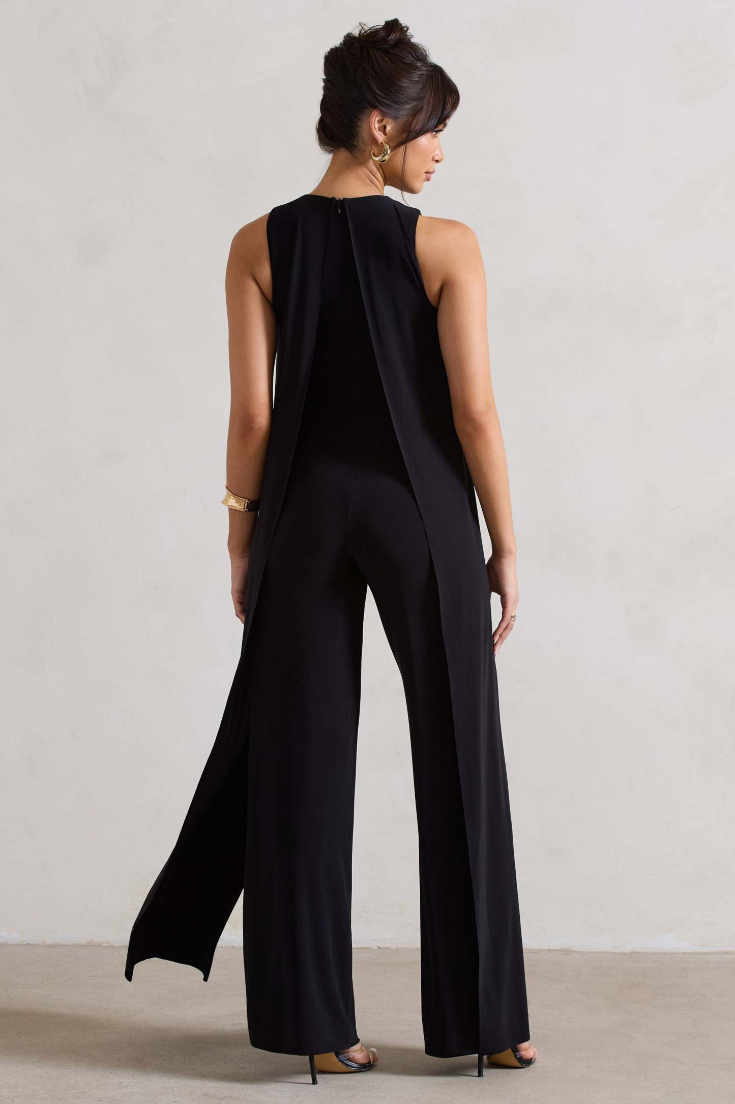Essence Black High-Neck Wide-Leg Jumpsuit With Cape-Fashionmomo.All Rights Reserved