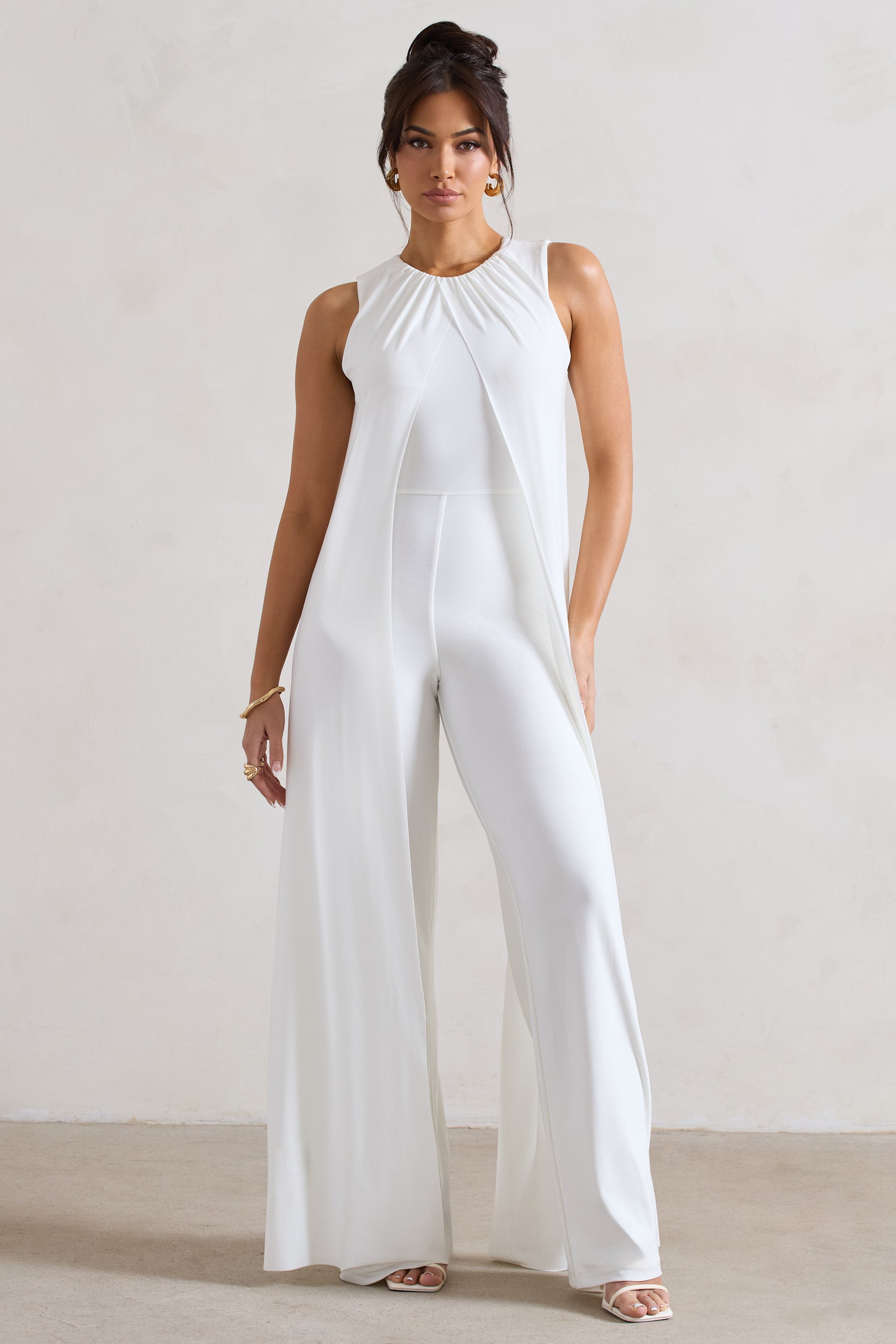 Essence White High-Neck Wide-Leg Jumpsuit With Cape-Fashionmomo.All Rights Reserved