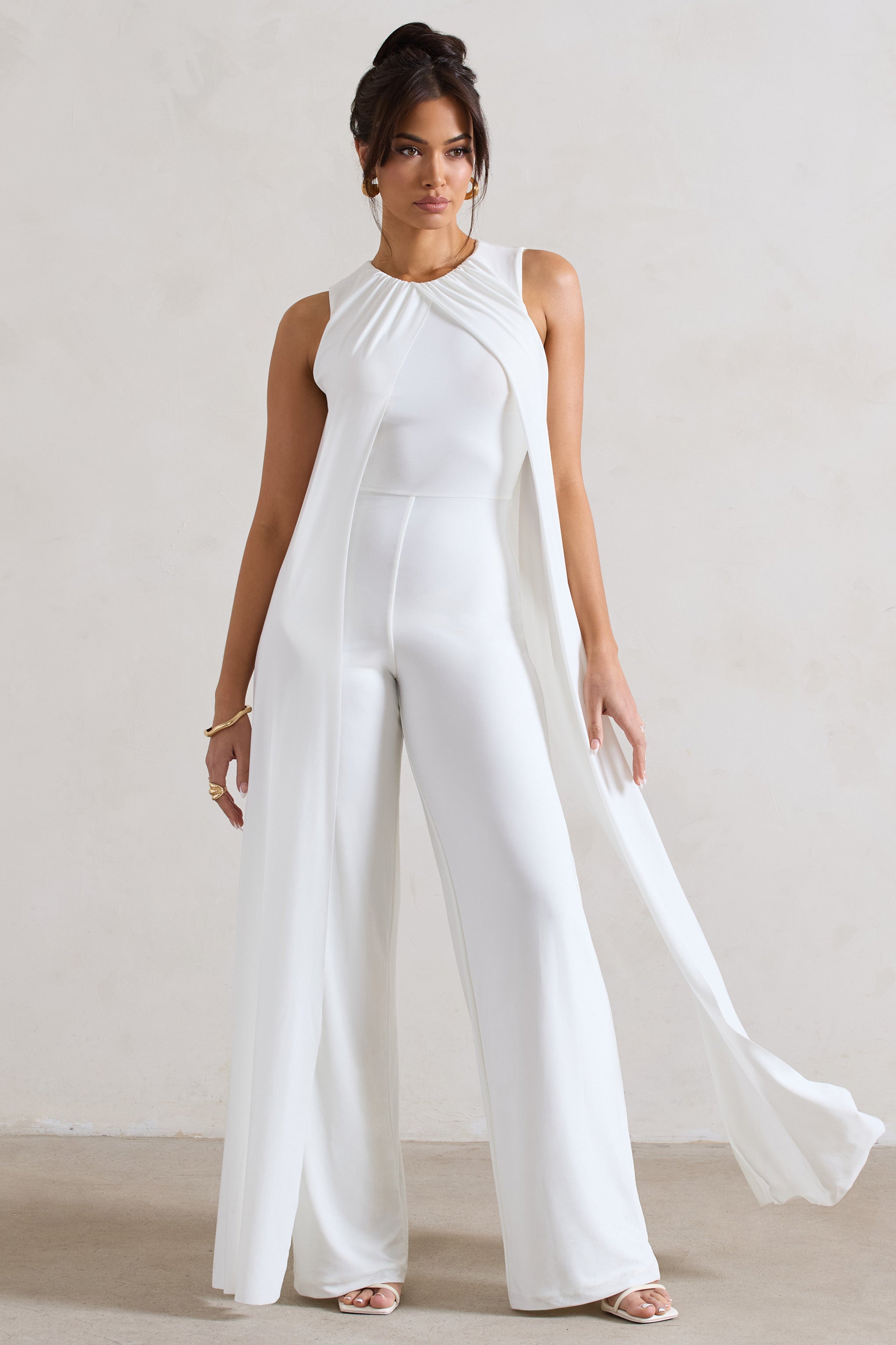 Essence White High-Neck Wide-Leg Jumpsuit With Cape-Fashionmomo.All Rights Reserved