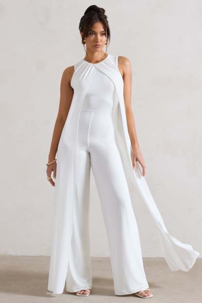Essence White High-Neck Wide-Leg Jumpsuit With Cape-Fashionmomo.All Rights Reserved