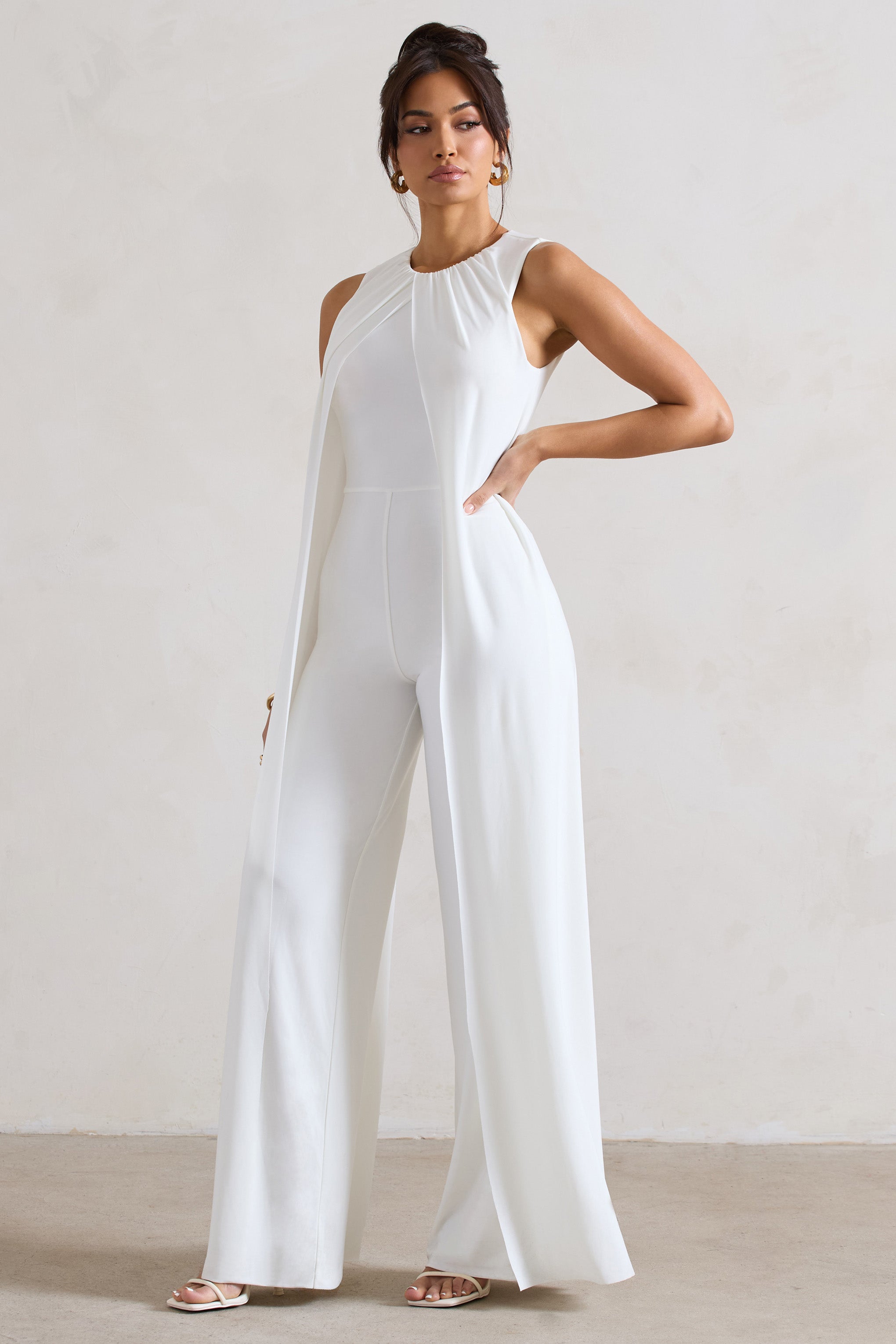 Essence White High-Neck Wide-Leg Jumpsuit With Cape-Fashionmomo.All Rights Reserved