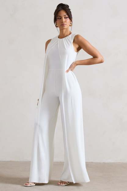 Essence White High-Neck Wide-Leg Jumpsuit With Cape-Fashionmomo.All Rights Reserved