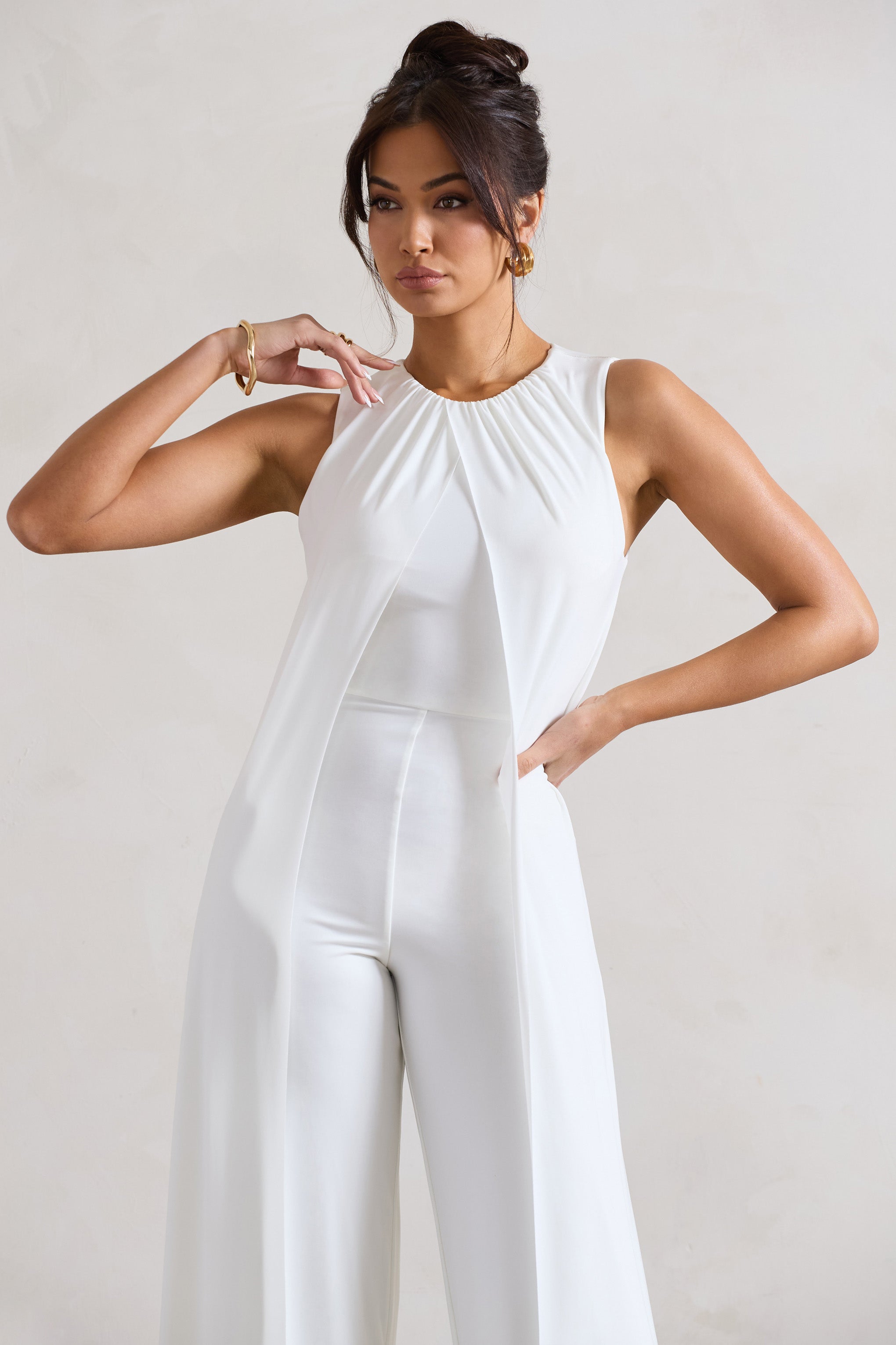 Essence White High-Neck Wide-Leg Jumpsuit With Cape-Fashionmomo.All Rights Reserved