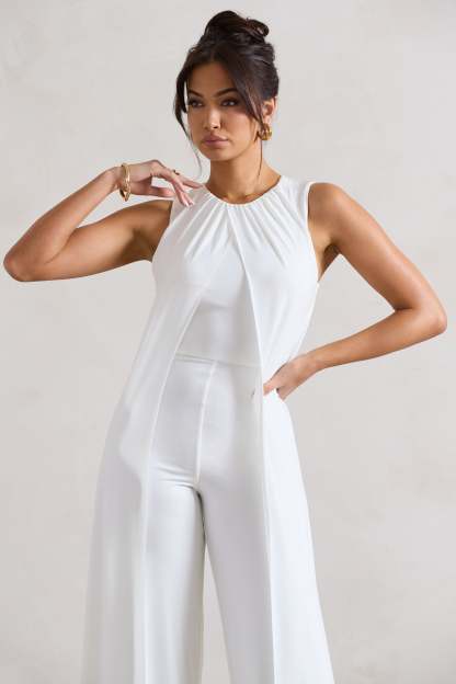 Essence White High-Neck Wide-Leg Jumpsuit With Cape-Fashionmomo.All Rights Reserved
