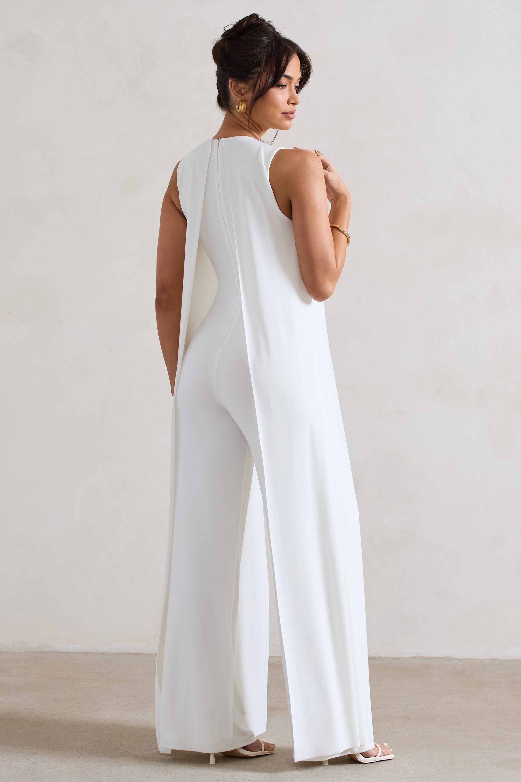 Essence White High-Neck Wide-Leg Jumpsuit With Cape-Fashionmomo.All Rights Reserved