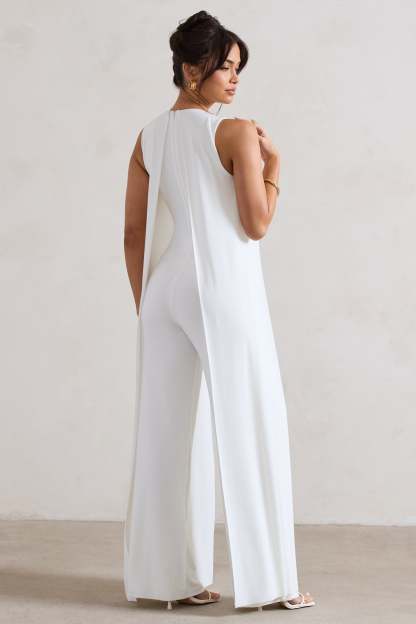 Essence White High-Neck Wide-Leg Jumpsuit With Cape-Fashionmomo.All Rights Reserved