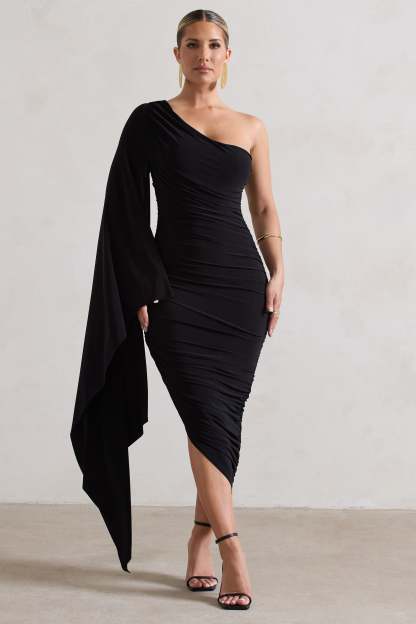 Halsey Black Ruched Asymmetric Midi Dress With Cape Sleeve-Fashionmomo.All Rights Reserved