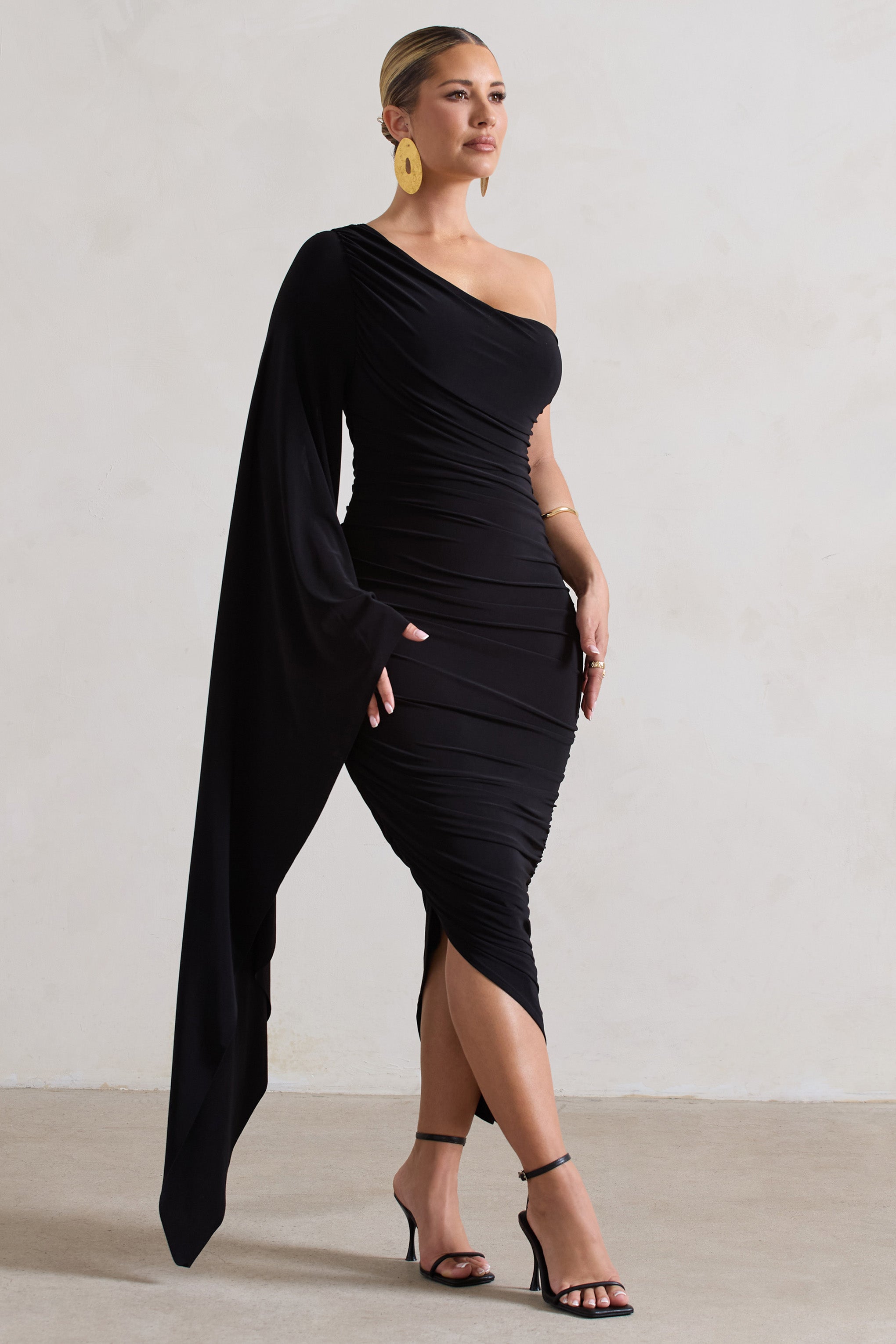 Halsey Black Ruched Asymmetric Midi Dress With Cape Sleeve-Fashionmomo.All Rights Reserved