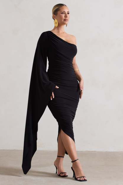 Halsey Black Ruched Asymmetric Midi Dress With Cape Sleeve-Fashionmomo.All Rights Reserved