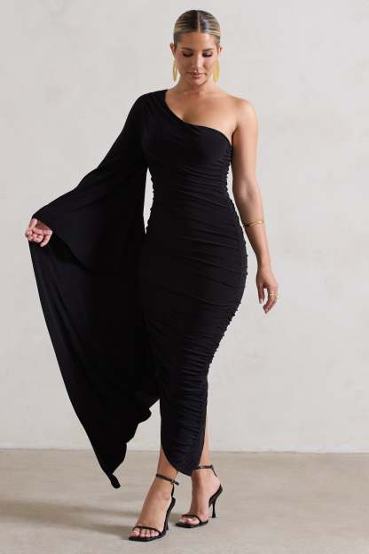 Halsey Black Ruched Asymmetric Midi Dress With Cape Sleeve-Fashionmomo.All Rights Reserved